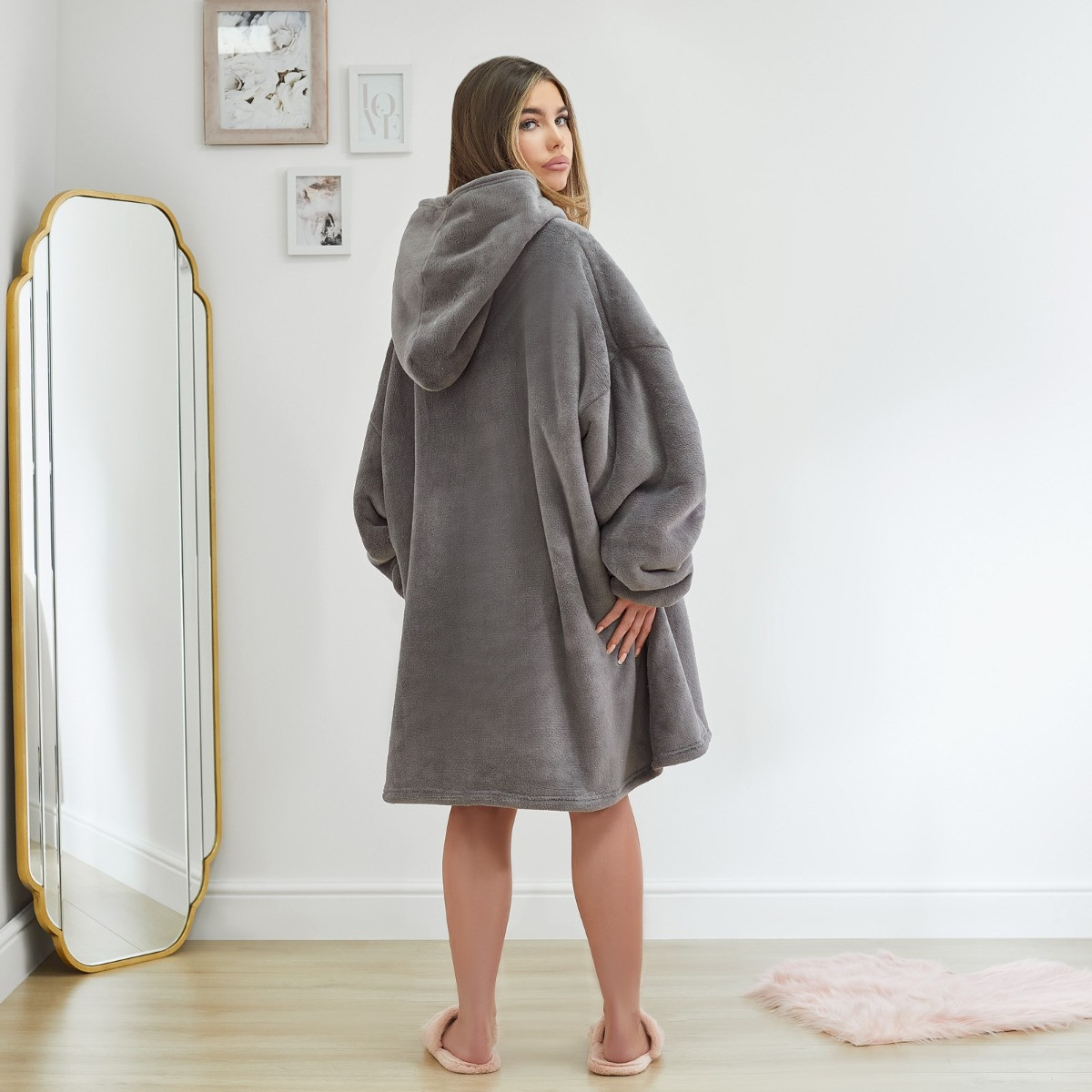 OHS Side Pocket Sherpa Fleece Hoodie Blanket - Charcoal>