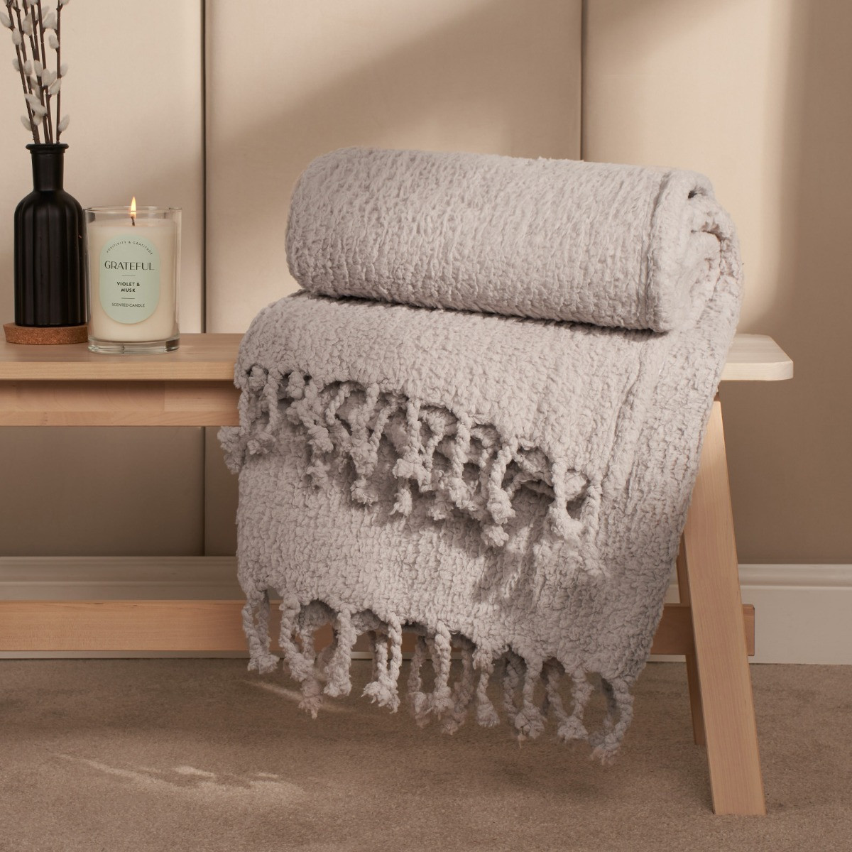 OHS Tassel Sherpa Fleece Throw - Grey>
