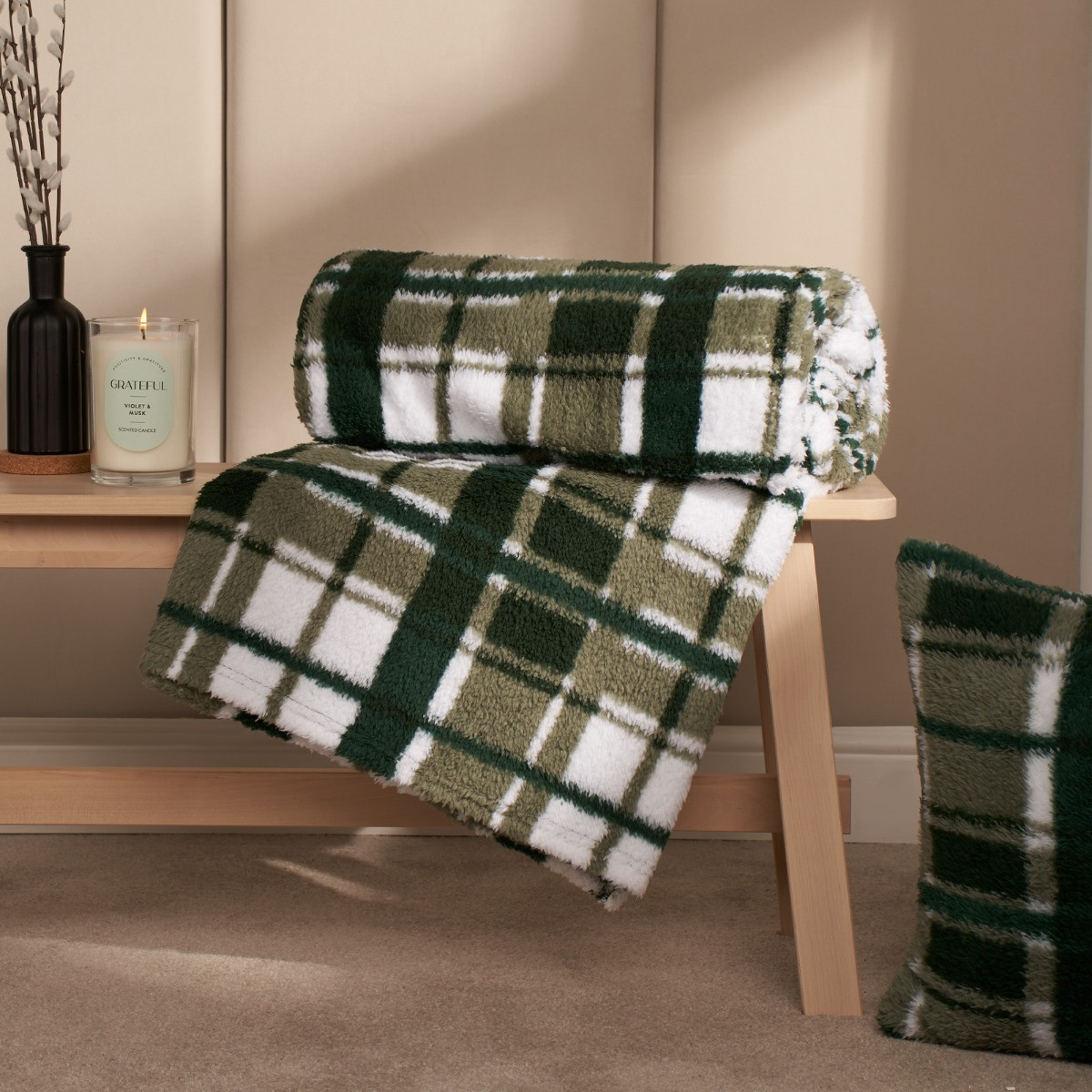 OHS Check Print Teddy Throw - Forest Green>