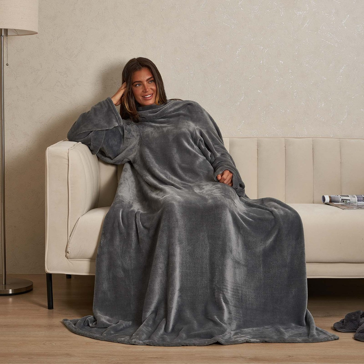 OHS Ultra Soft Wearable Blanket with Sleeves - Charcoal>