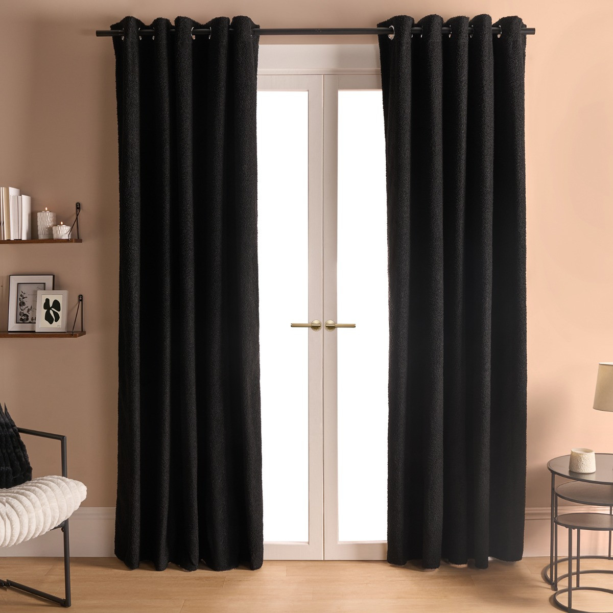 OHS Bouclé Eyelet Curtains, Black - 66 x 90">