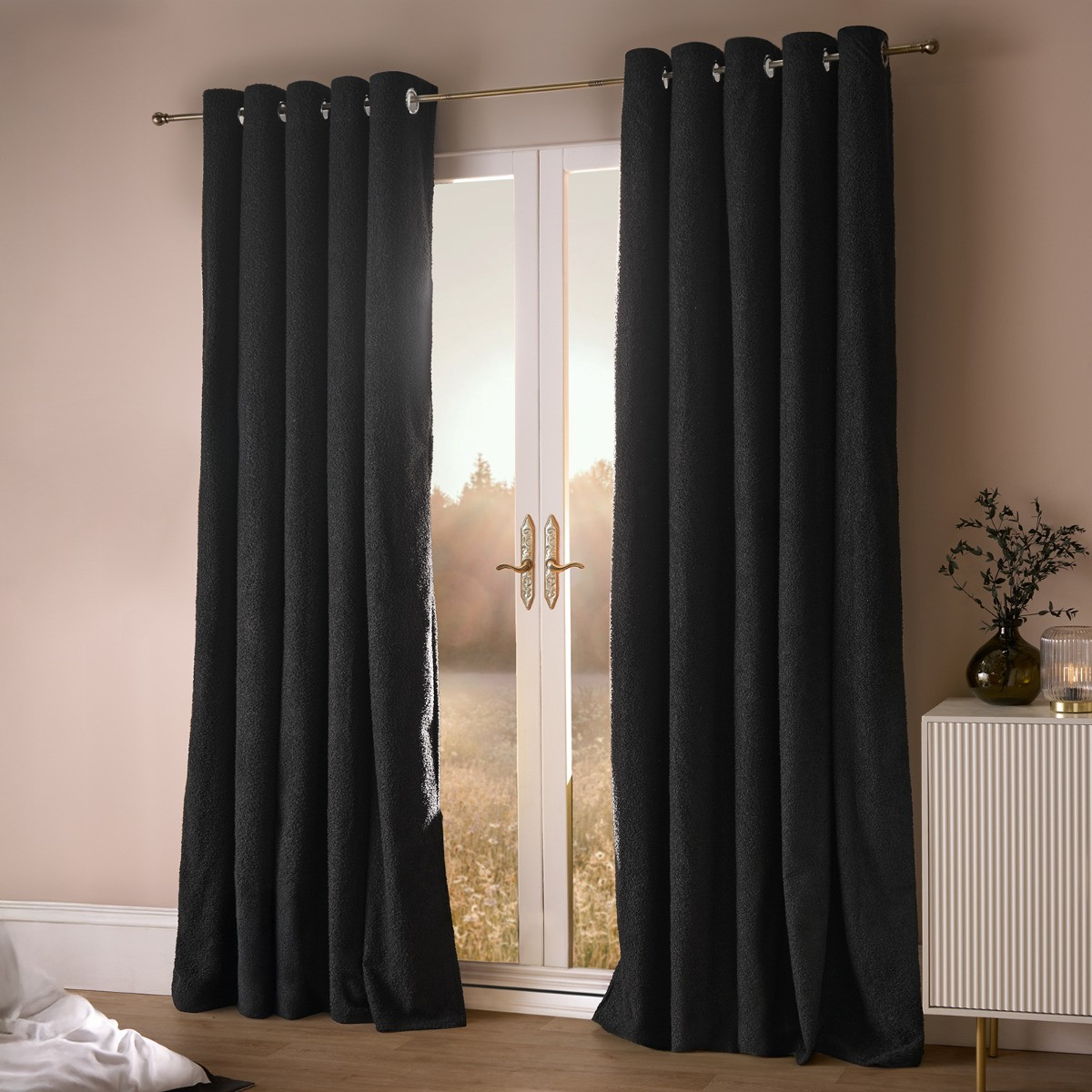 OHS Bouclé Eyelet Blackout Curtains - Black>