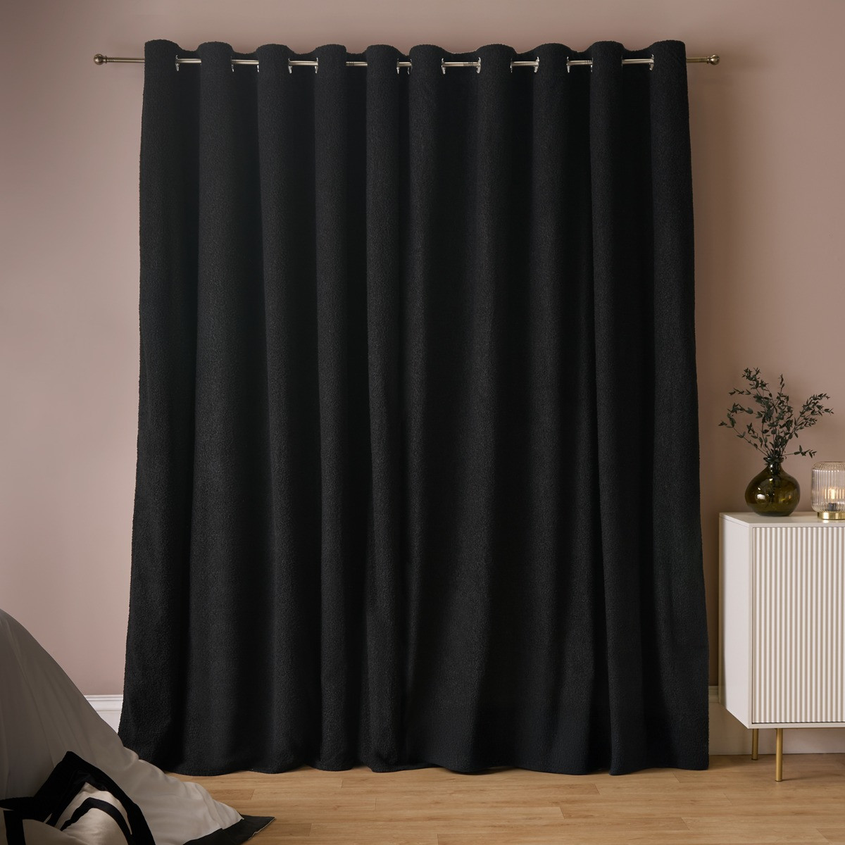 OHS Bouclé Eyelet Blackout Curtains - Black>