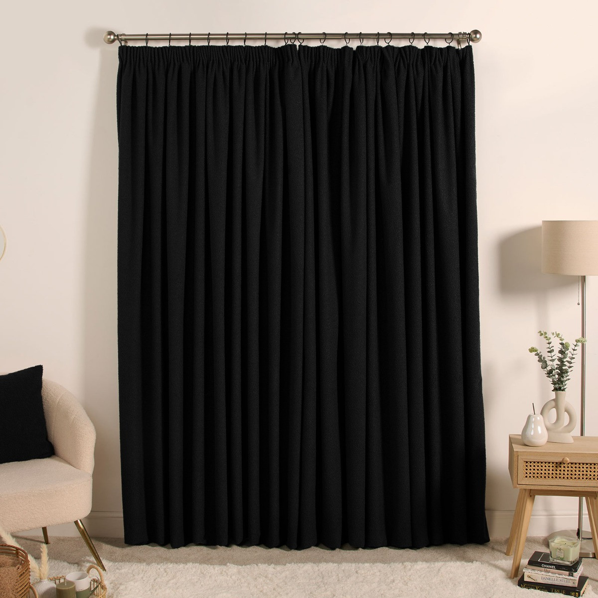 OHS Bouclé Pencil Pleat Curtains - Black>