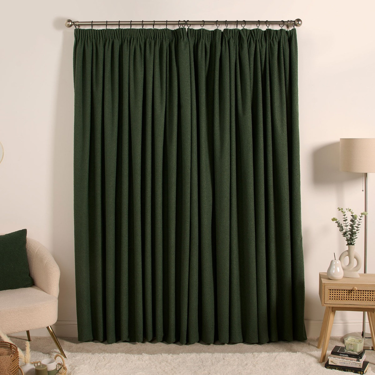 OHS Bouclé Pencil Pleat Curtains - Forest Green>