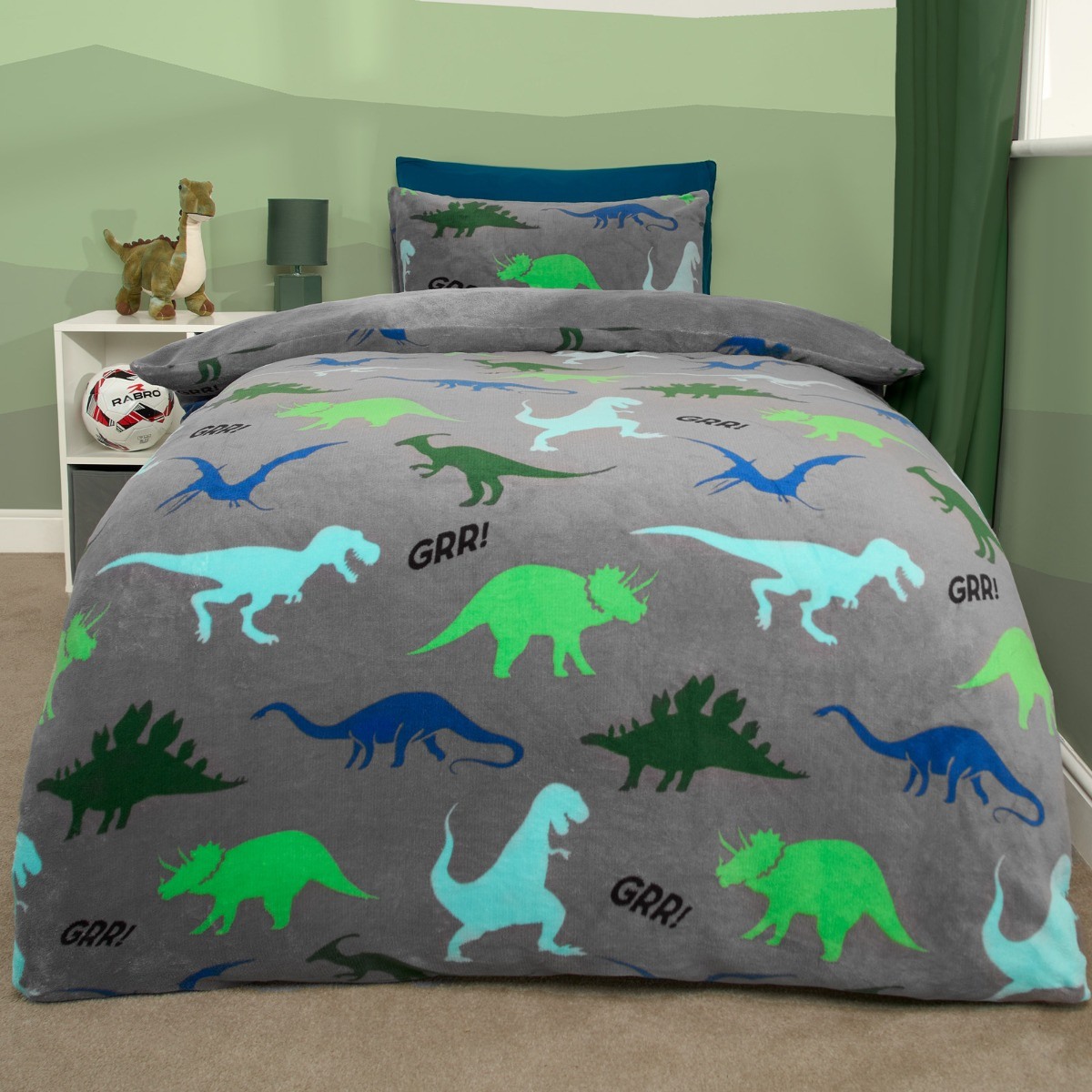 OHS Dino Print Fleece Duvet Set, Grey - Junior>