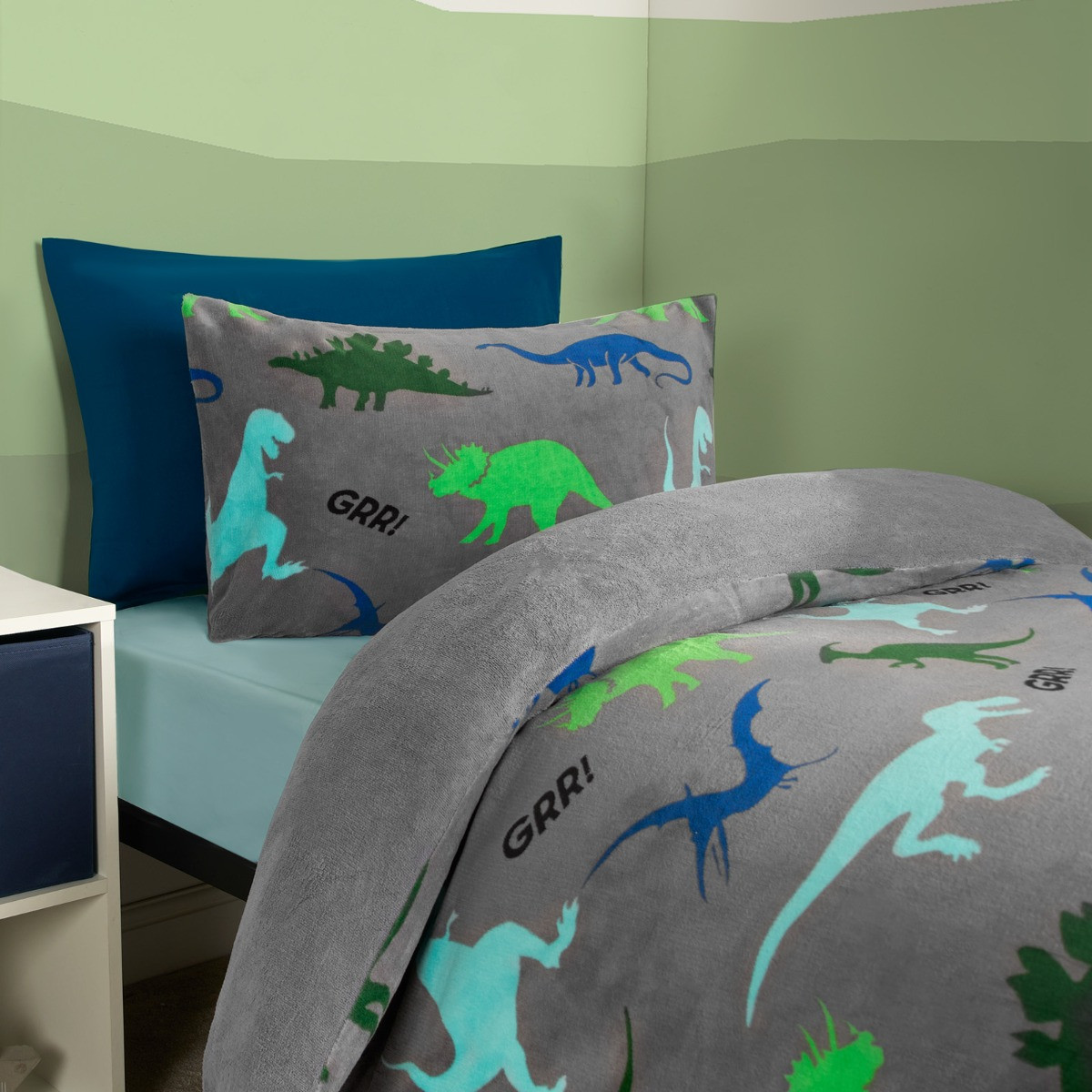 OHS Dino Print Fleece Duvet Set, Grey - Junior>