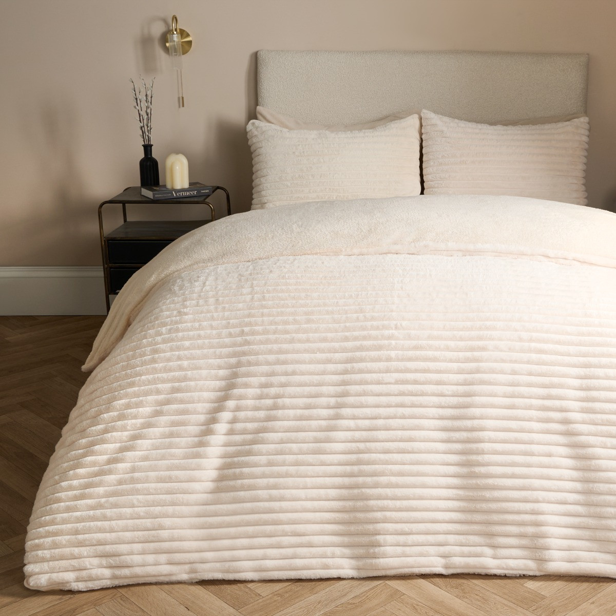 OHS Ribbed Faux Fur Duvet Set, Cream - Double>