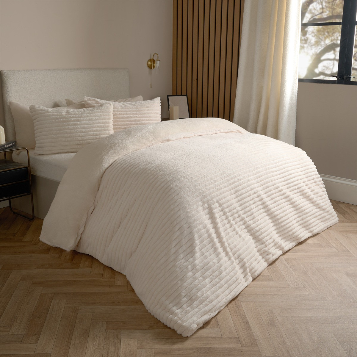 OHS Ribbed Faux Fur Duvet Set, Cream - King>
