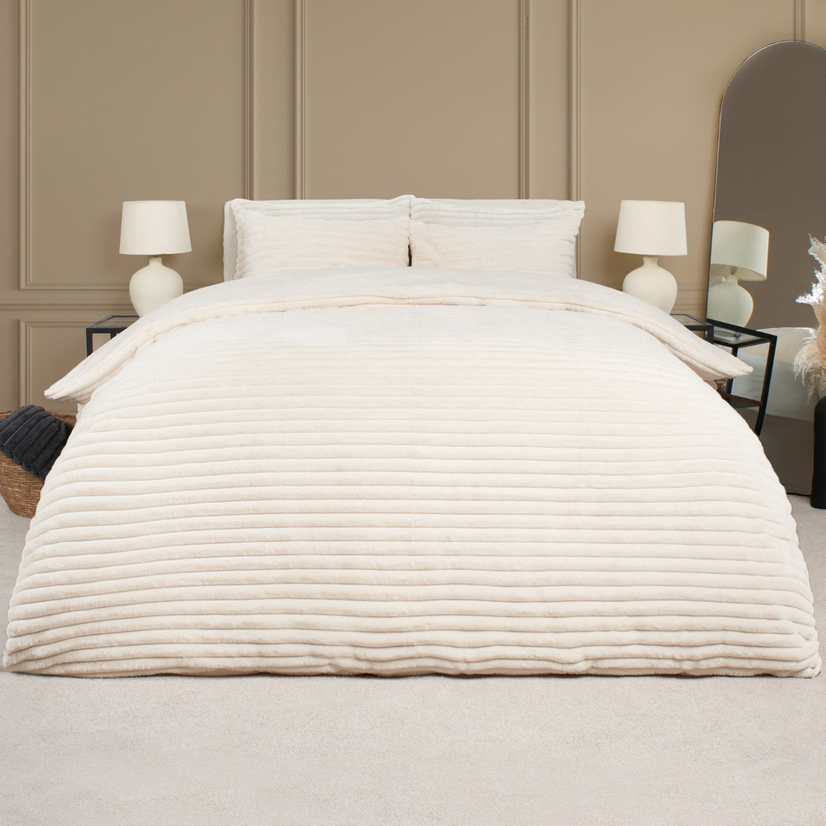 OHS Ribbed Faux Fur Duvet Set, Cream Double