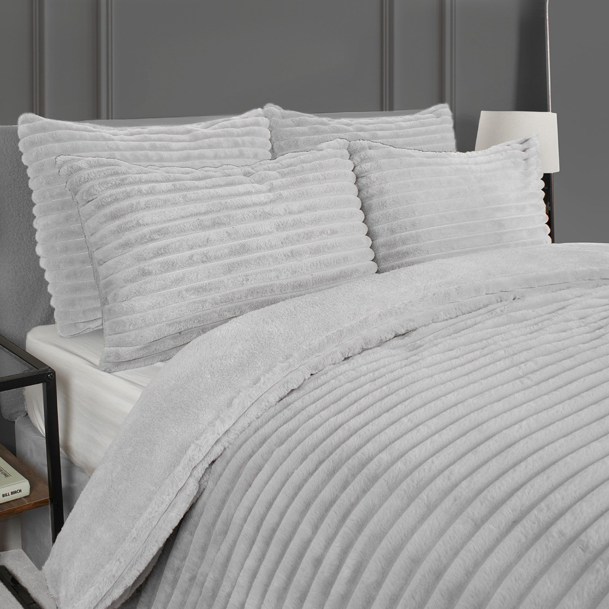 OHS Ribbed Faux Fur Duvet Set, Silver - King>