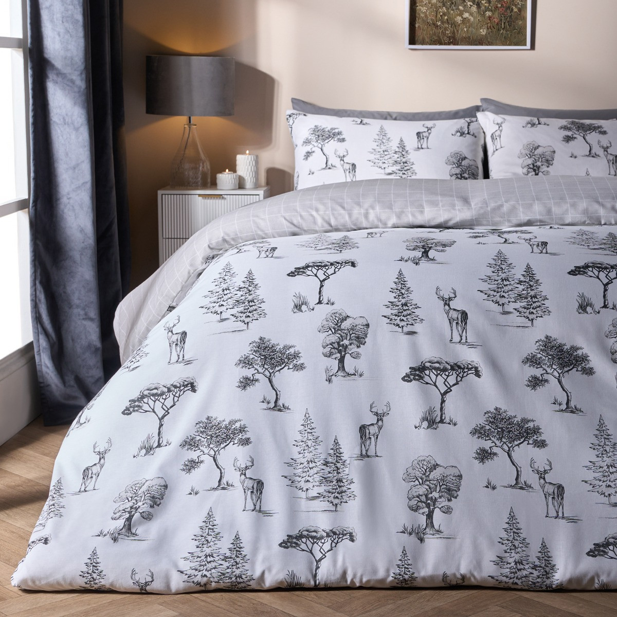 OHS Winter Stag Duvet Set, Charcoal/White - King>