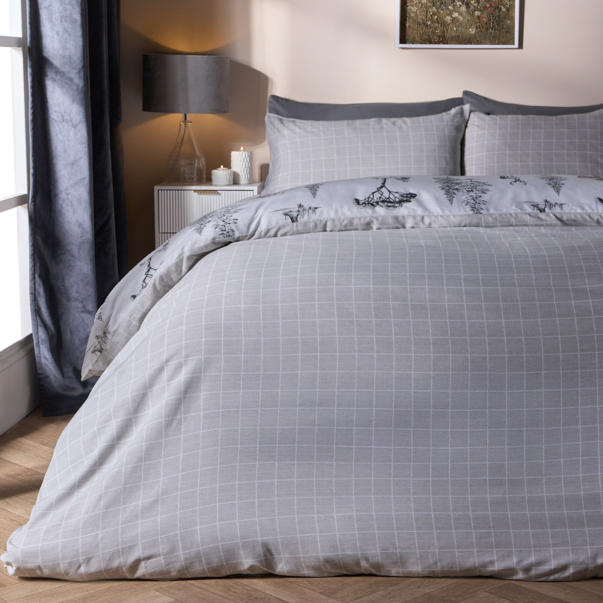 OHS Winter Stag Duvet Set, Charcoal/White - Single>