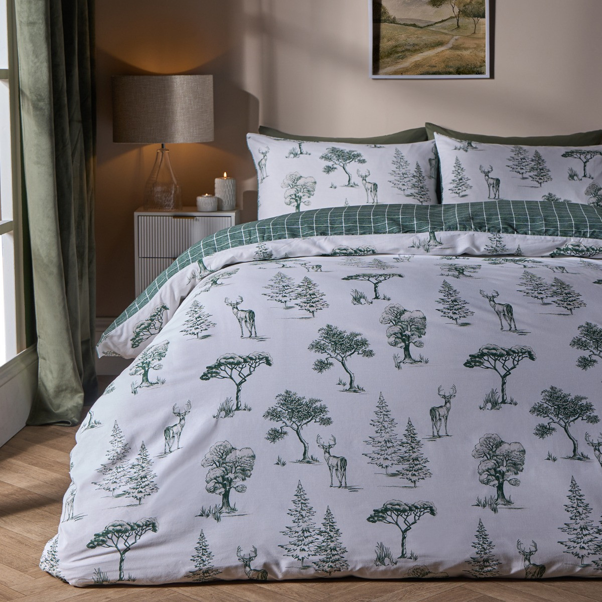 OHS Winter Stag Duvet Set, Forest Green/White - Single>