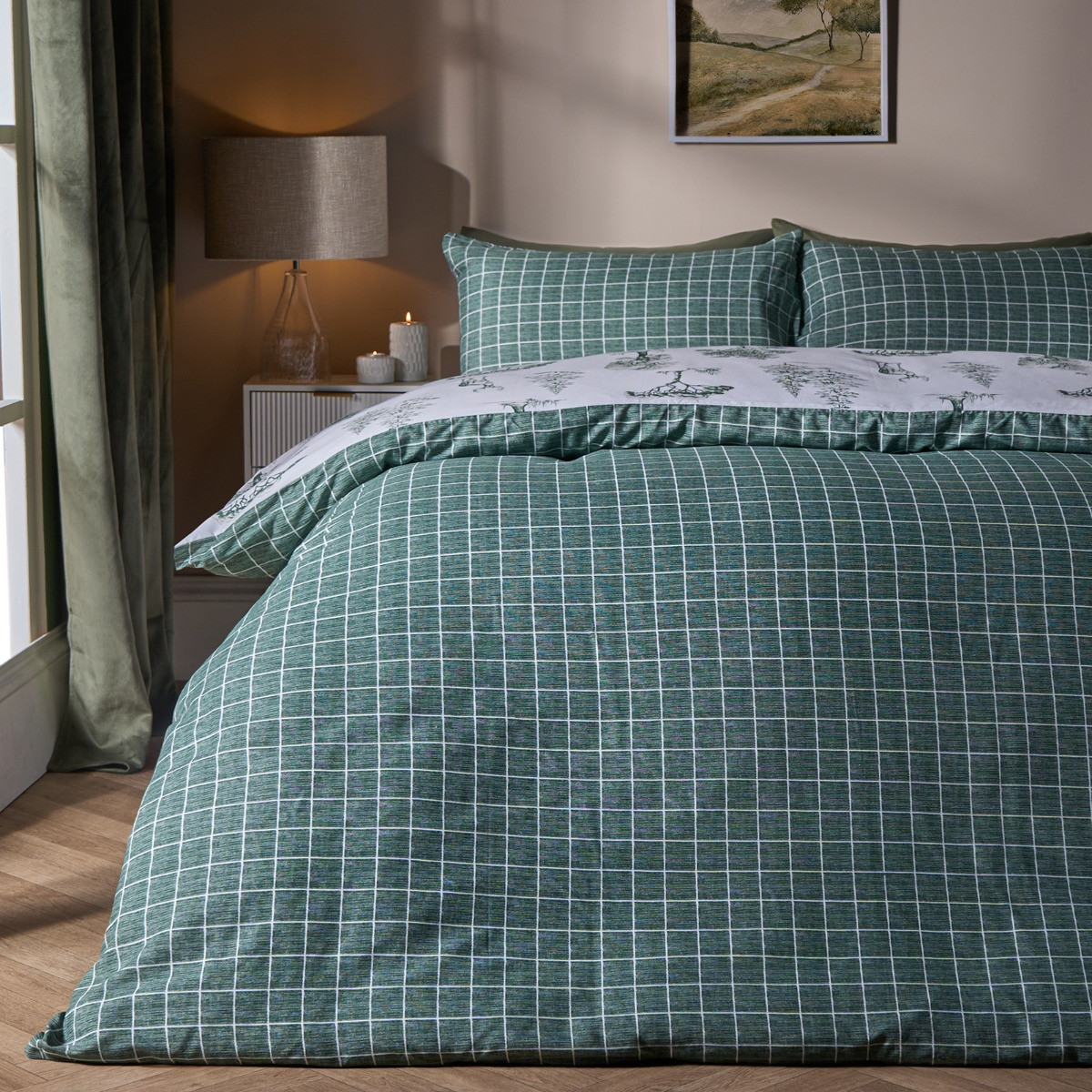 OHS Winter Stag Duvet Set - Forest Green/White>