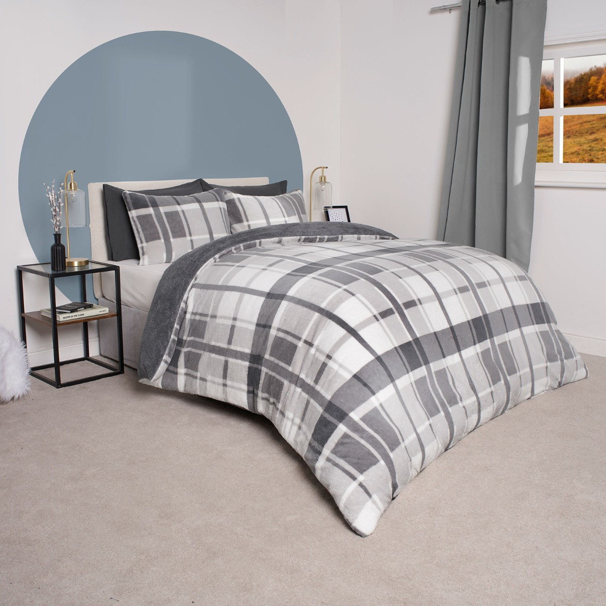 OHS Check Teddy Duvet Set, Charcoal - Super King>