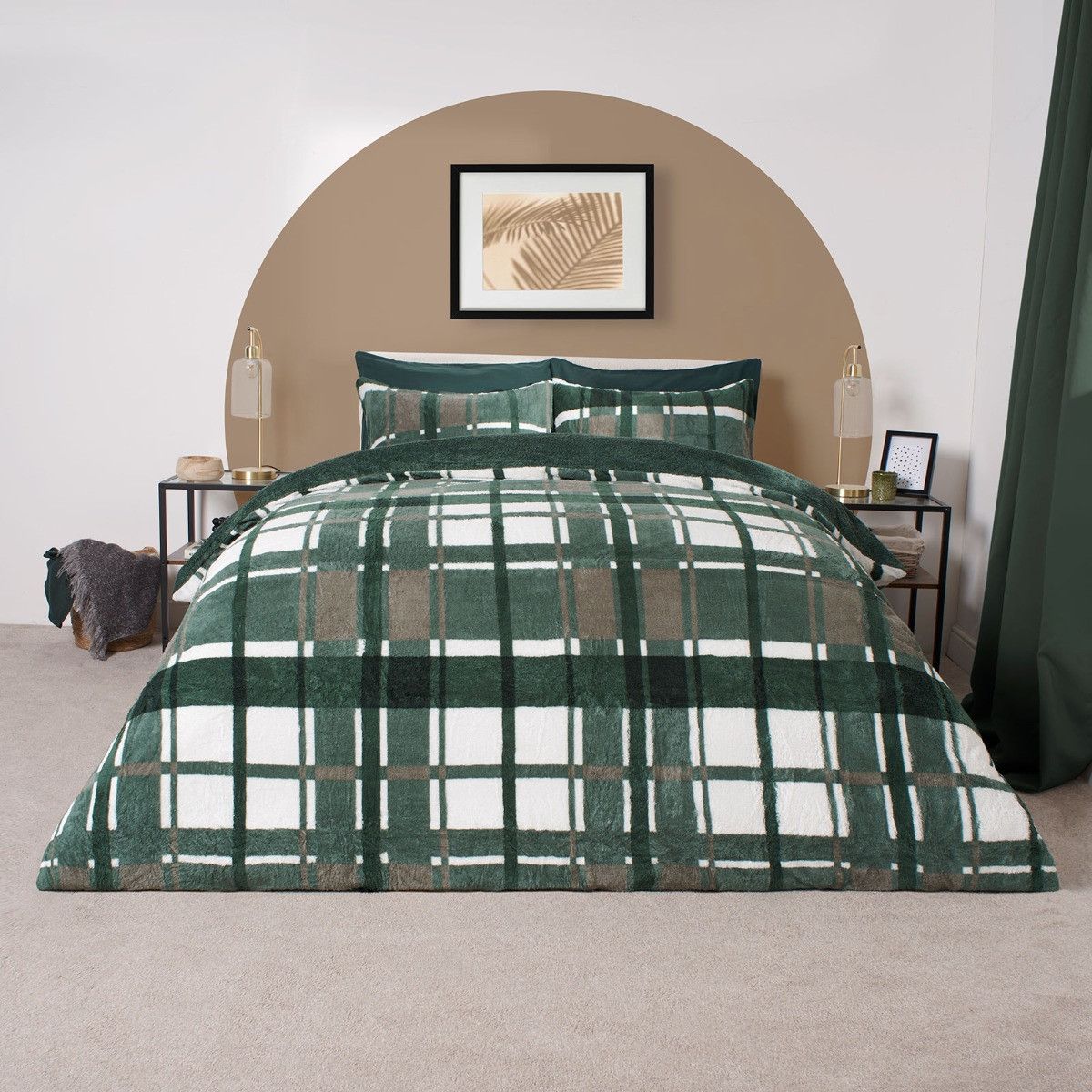 OHS Check Teddy Duvet Set, Forest Green - Super King>