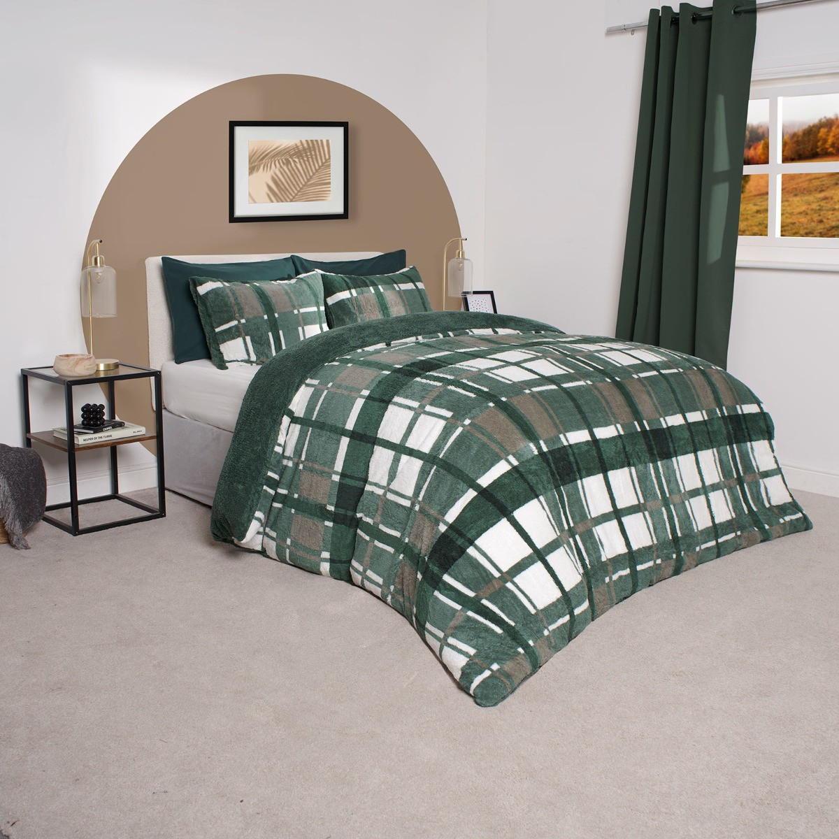 OHS Check Teddy Duvet Set, Forest Green - Super King>