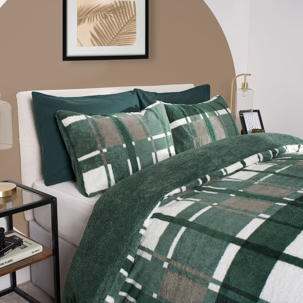 OHS Check Teddy Duvet Set, Forest Green - Double>