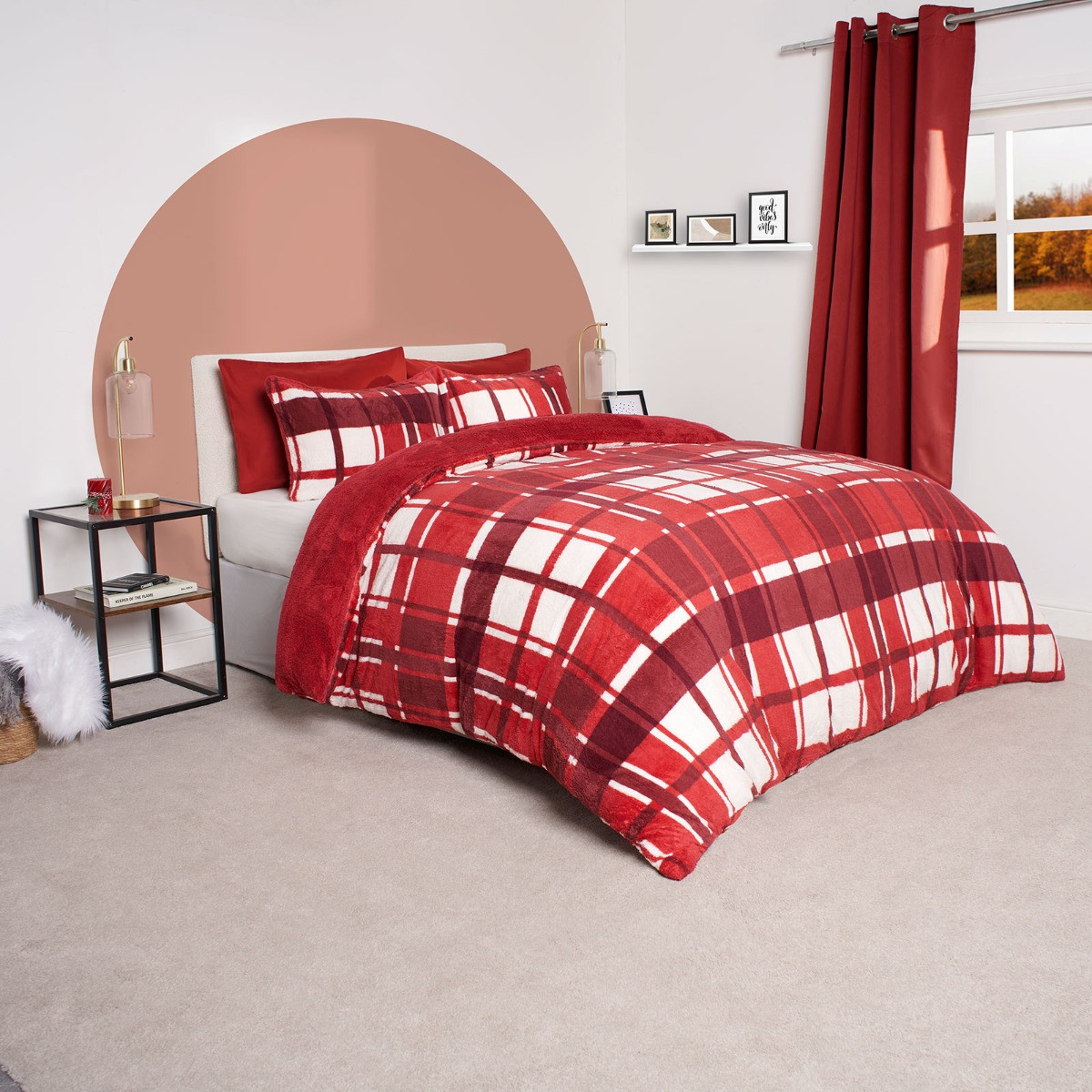 OHS Check Teddy Duvet Set, Red Single