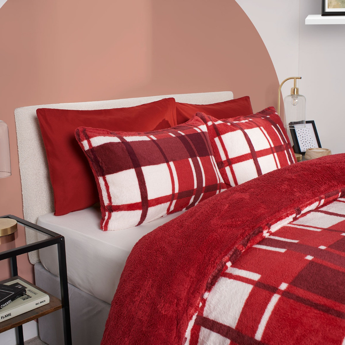 OHS Check Teddy Duvet Set, Red Single