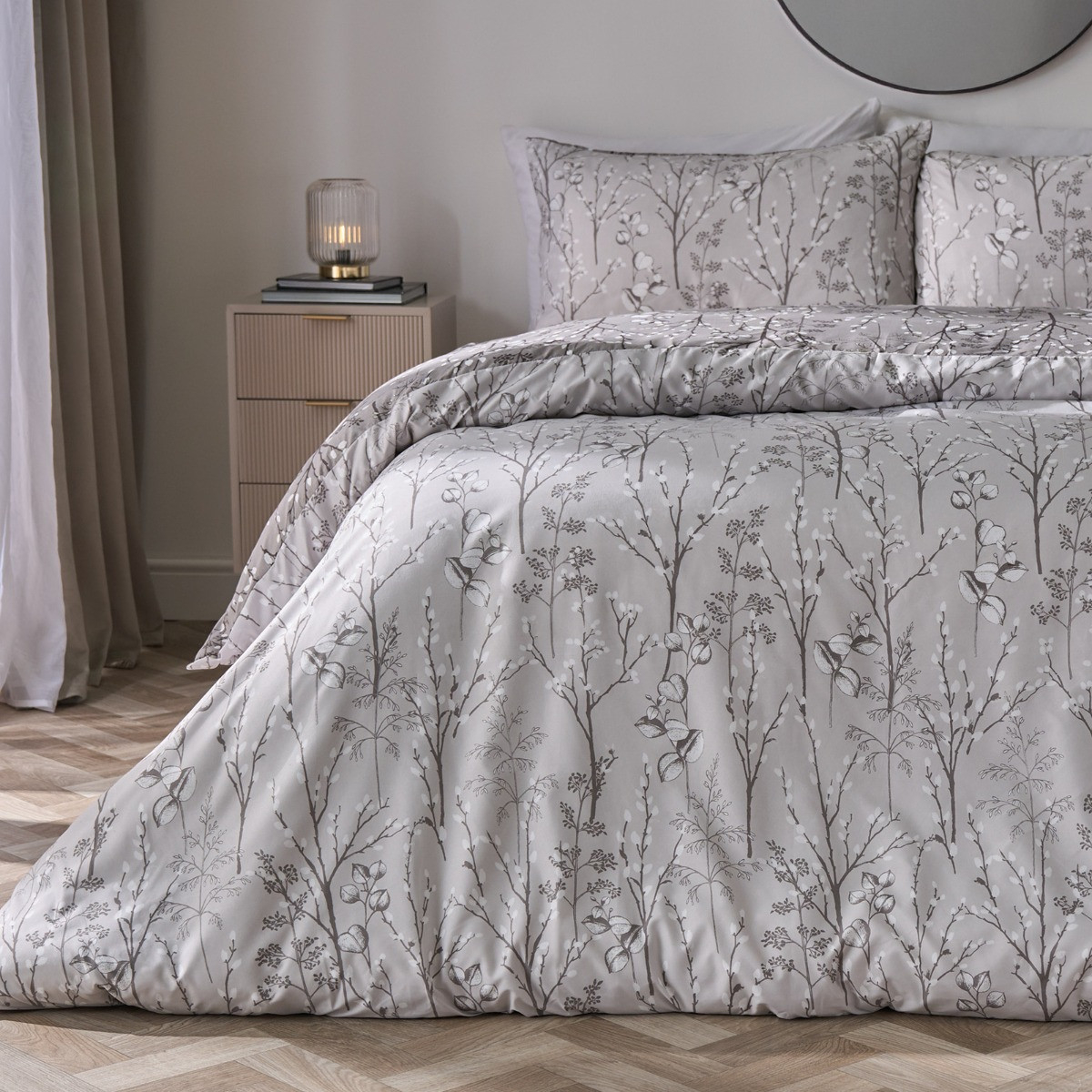 OHS Willow Branch Reversible Duvet Cover Set, Grey - Single>