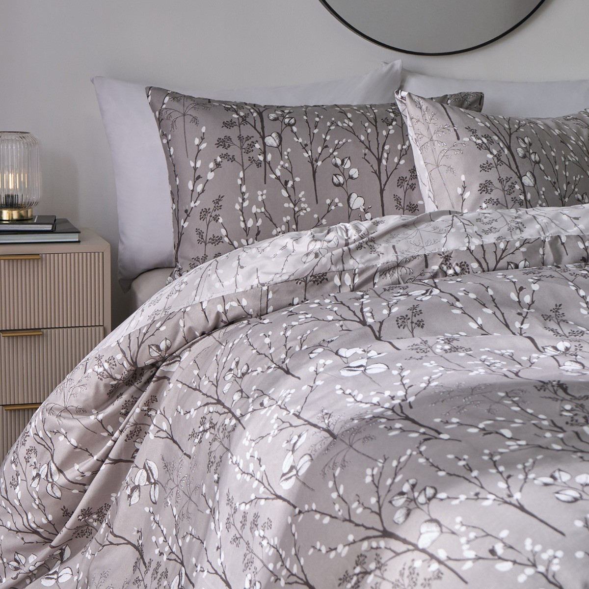 OHS Willow Branch Reversible Duvet Cover Set, Grey - Single>