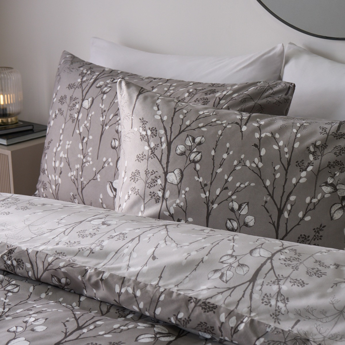 OHS Willow Branch Reversible Duvet Cover Set, Grey - Double>