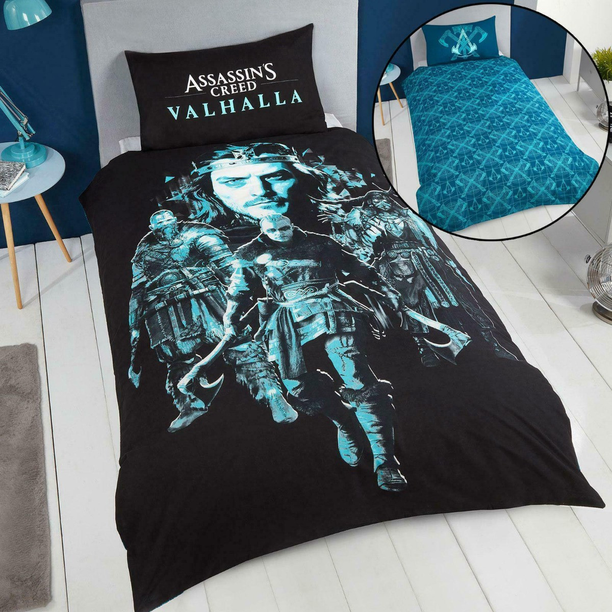 Assassins Creed Valhalla Reversible Duvet Set, Black - Single>