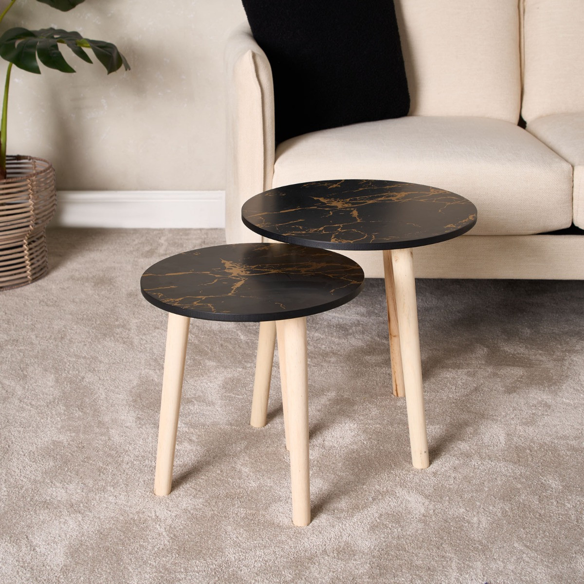 OHS Set Of 2 Marble Round Tables - Black>