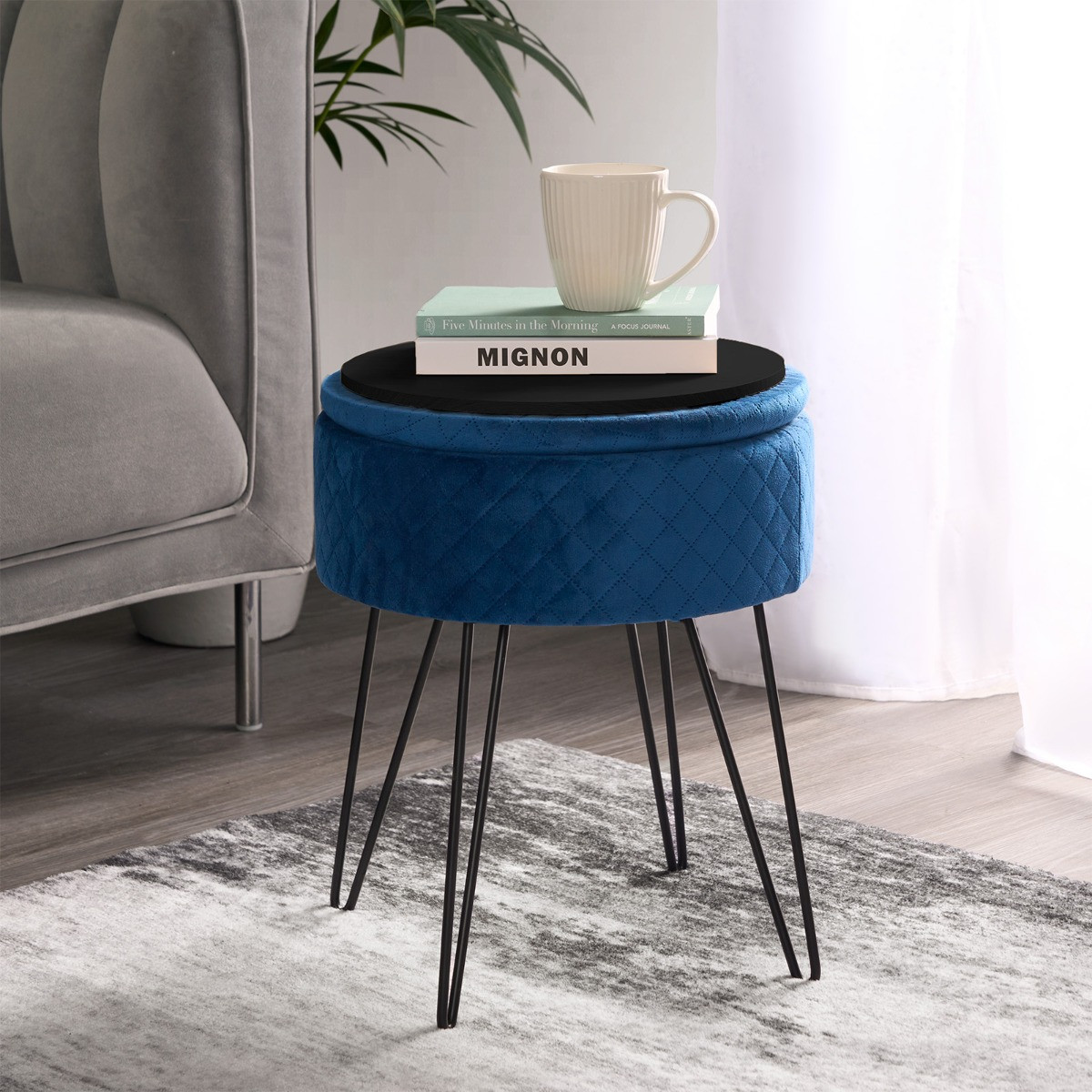 OHS Quilted Velvet Storage Hairpin Stool - Navy Blue>