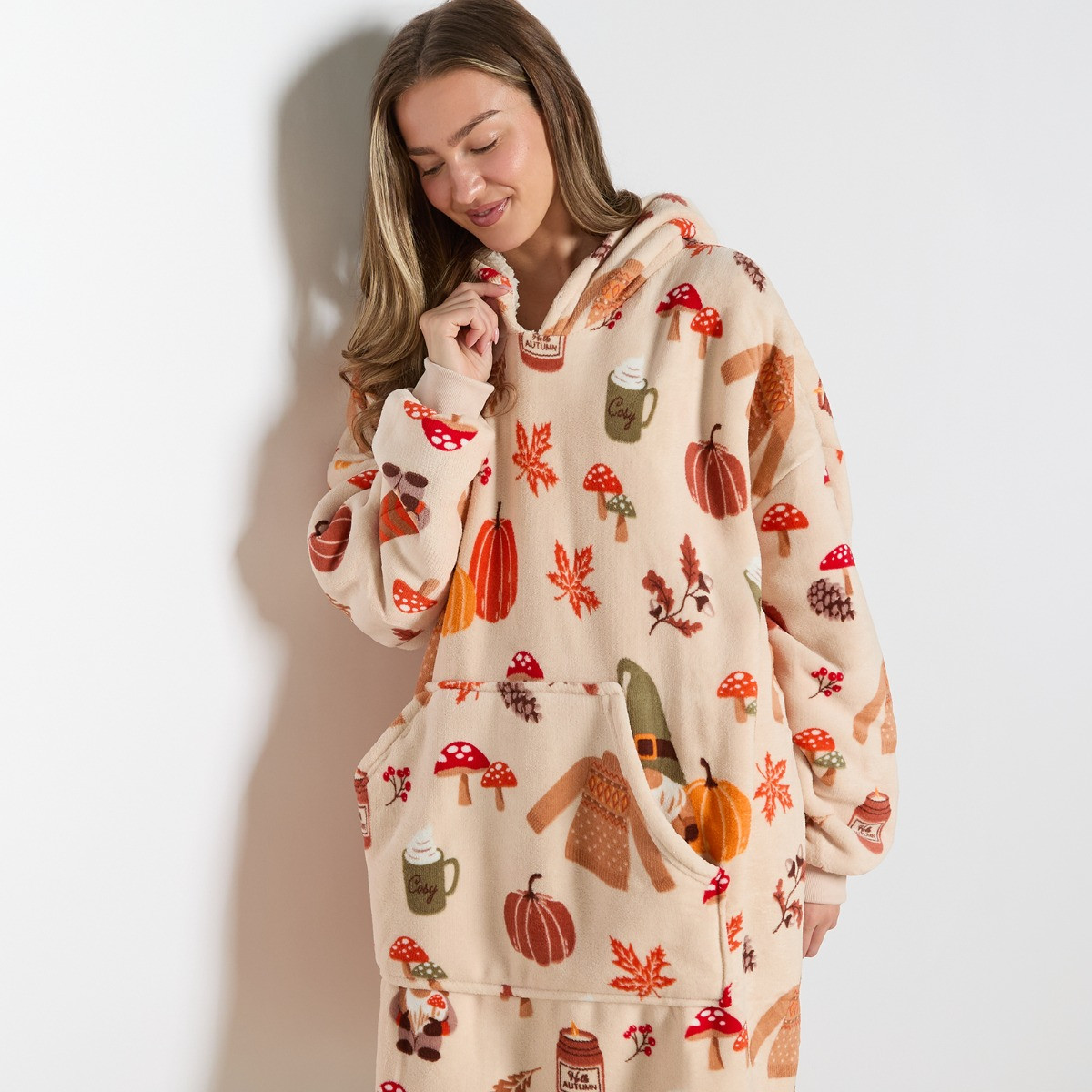OHS Autumn Print Hoodie Blanket, Adults - Natural Beige>