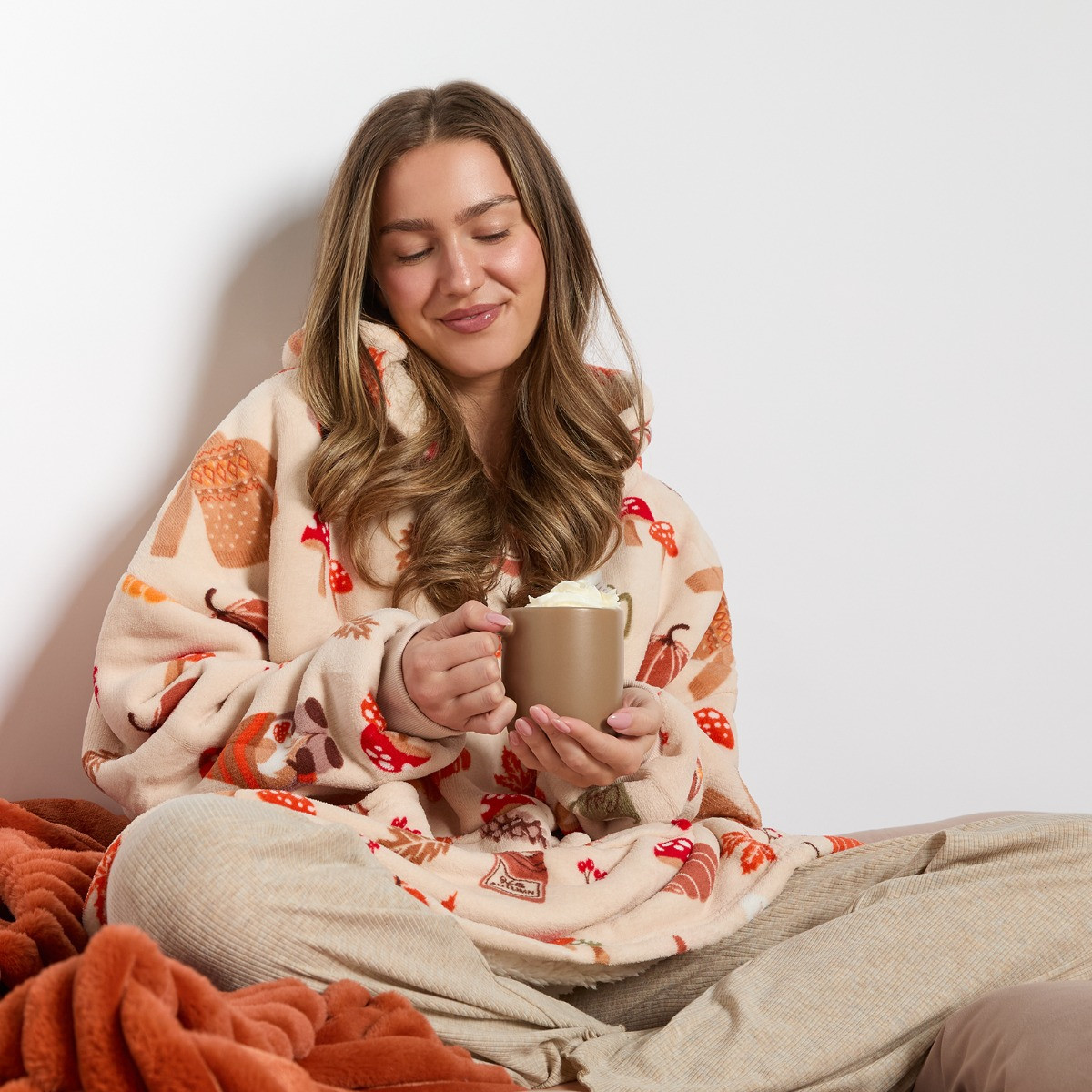 OHS Autumn Print Hoodie Blanket, Adults - Natural Beige>