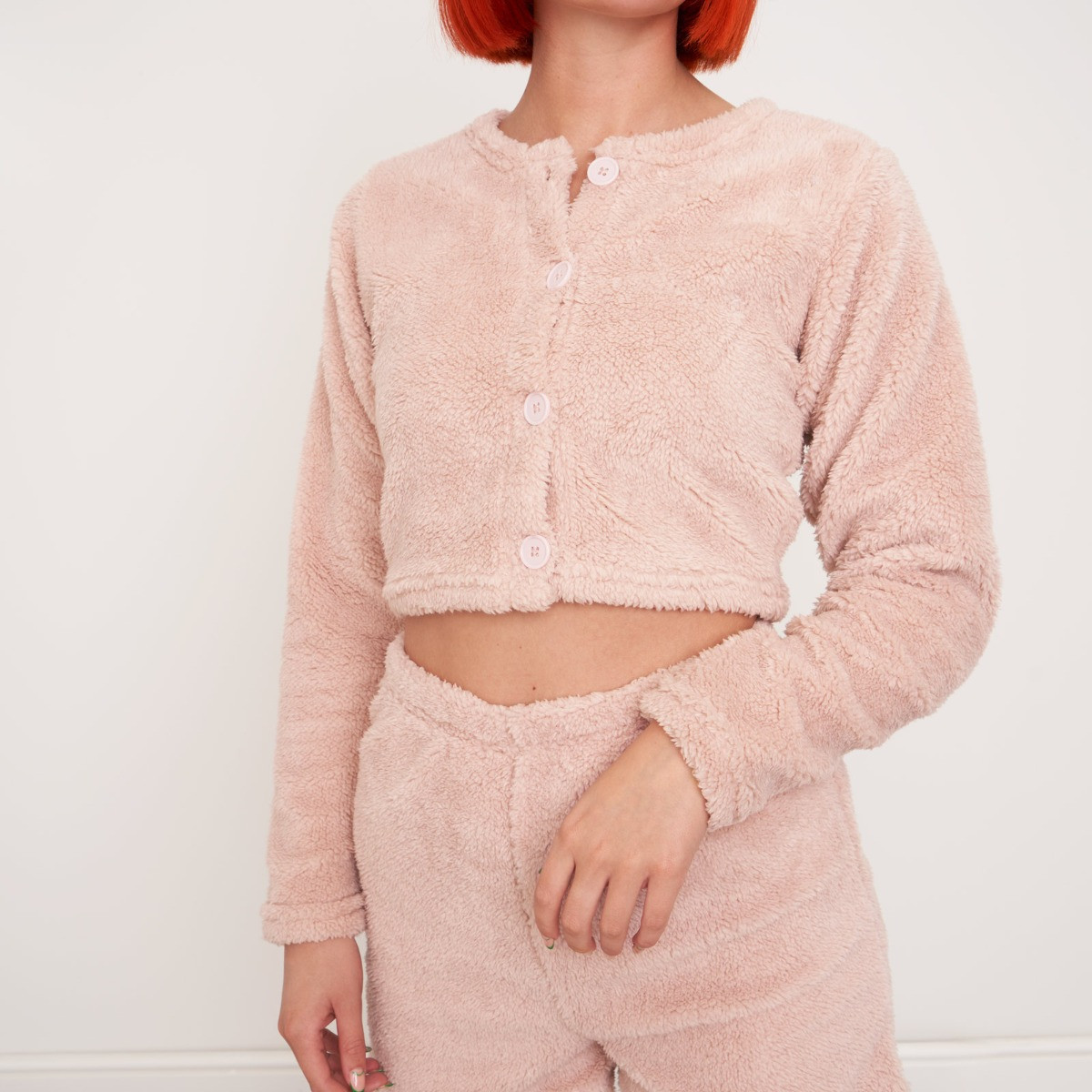 OHS Teddy Fleece Cropped Buttoned Cardigan - Blush>