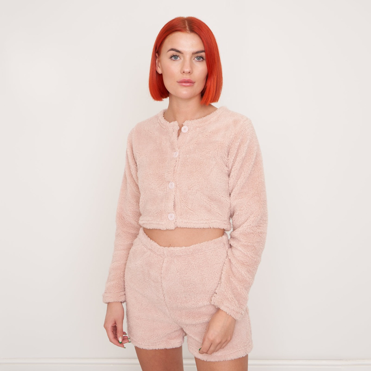 OHS Teddy Fleece Cropped Buttoned Cardigan - Blush>
