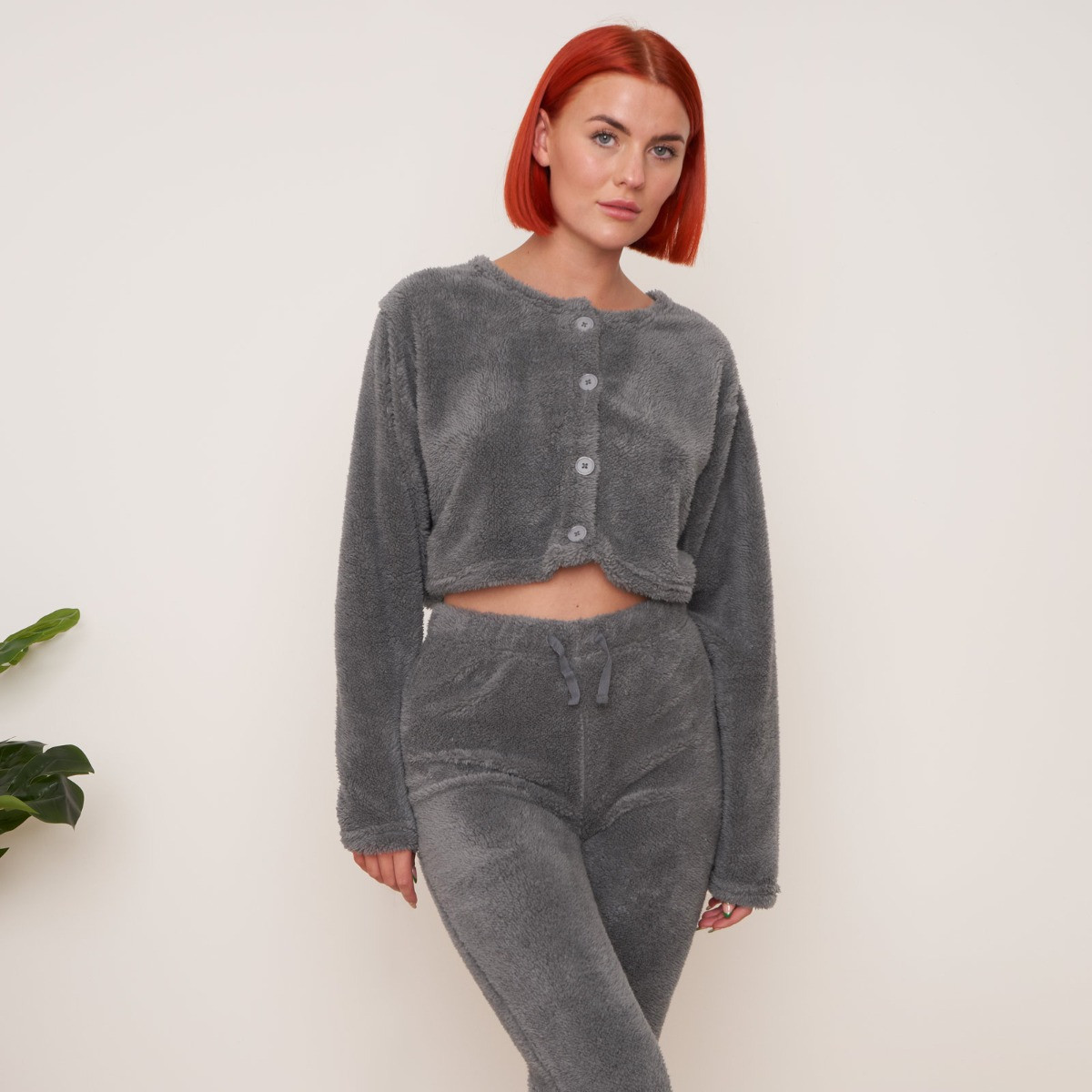 OHS Teddy Fleece Cropped Buttoned Cardigan - Grey>