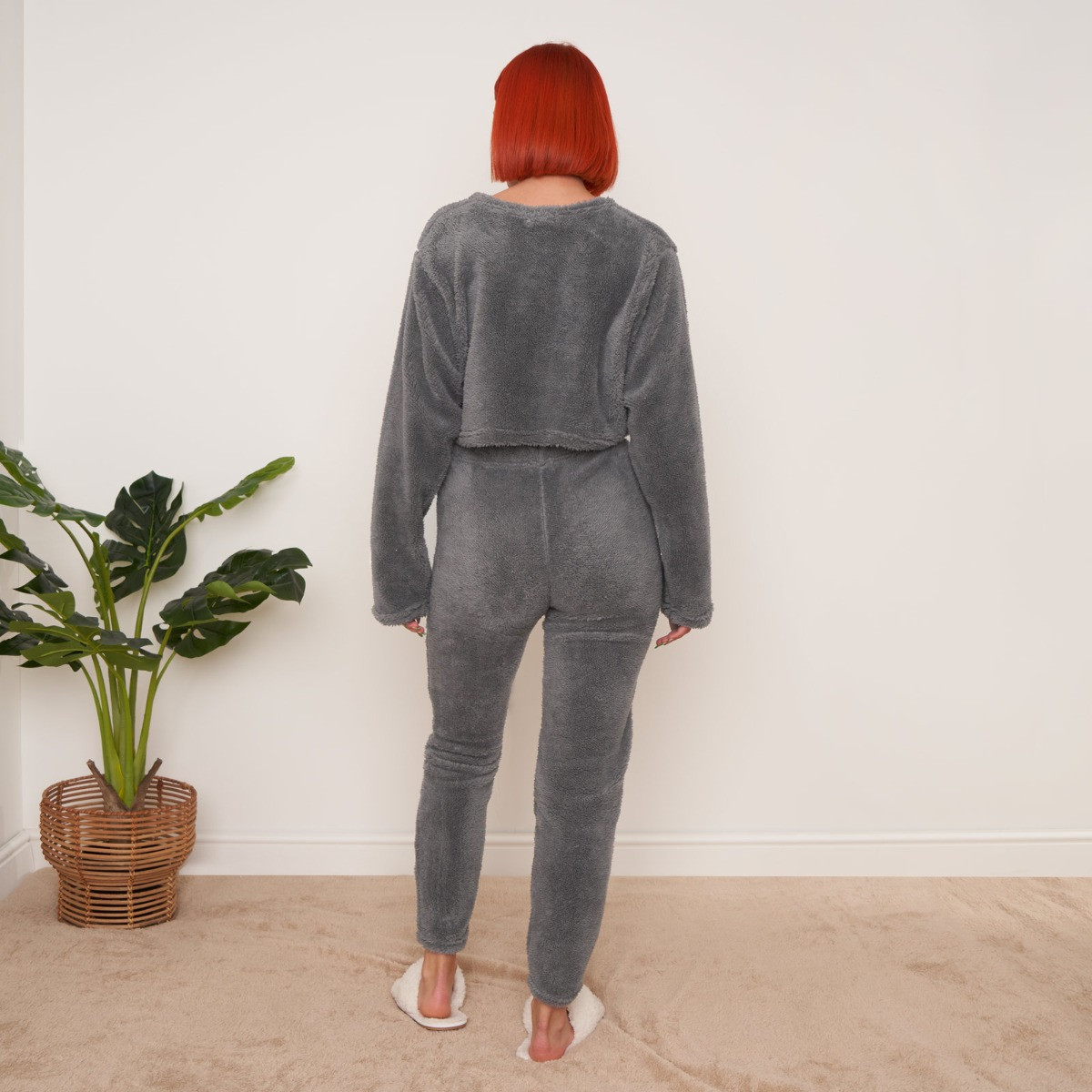 OHS Teddy Fleece Cropped Buttoned Cardigan - Grey>