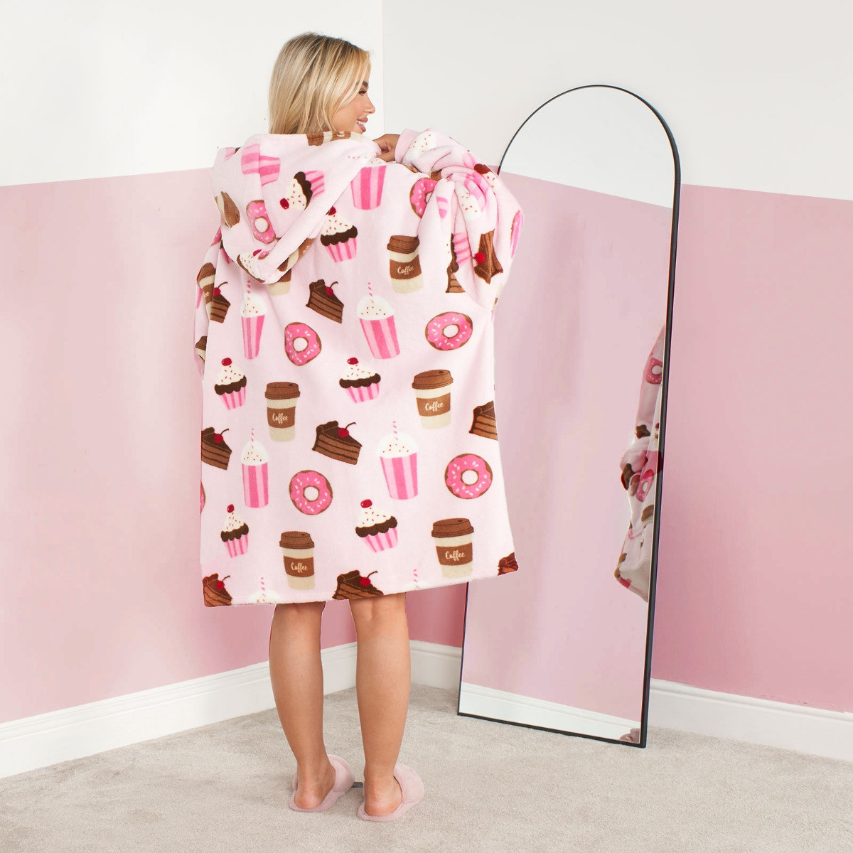 OHS Coffee & Cake Print Hoodie Blanket, Adults - Blush>