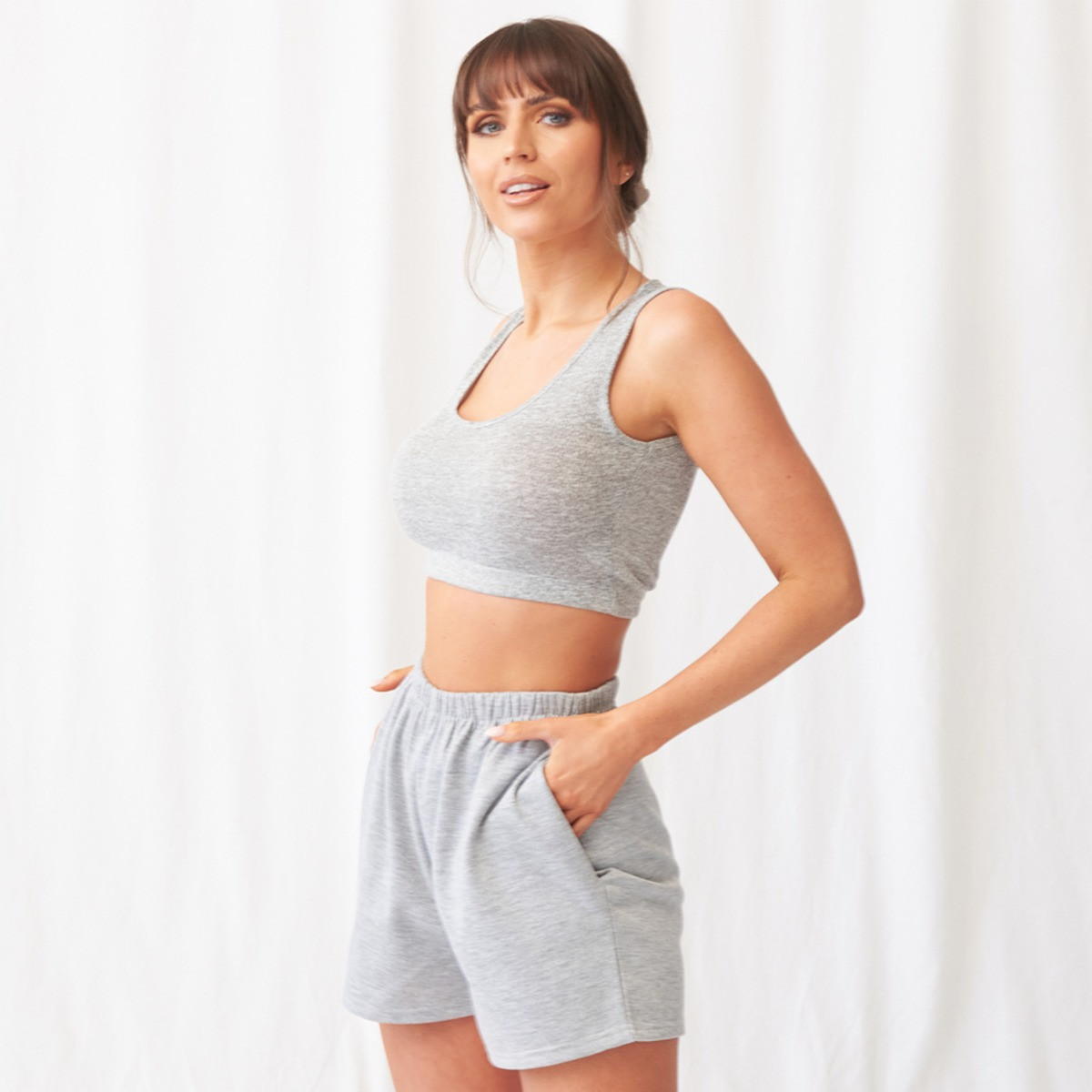 OHS Basic Scoop Neck Jersey Crop Top - Grey>