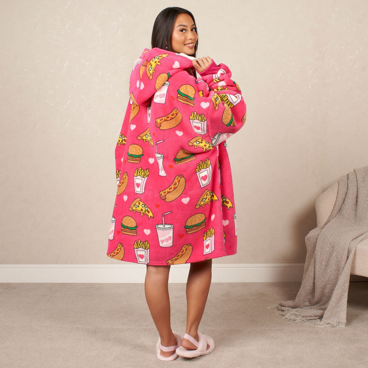 OHS Fast Food Print Hoodie Blanket, Adults - Pink>