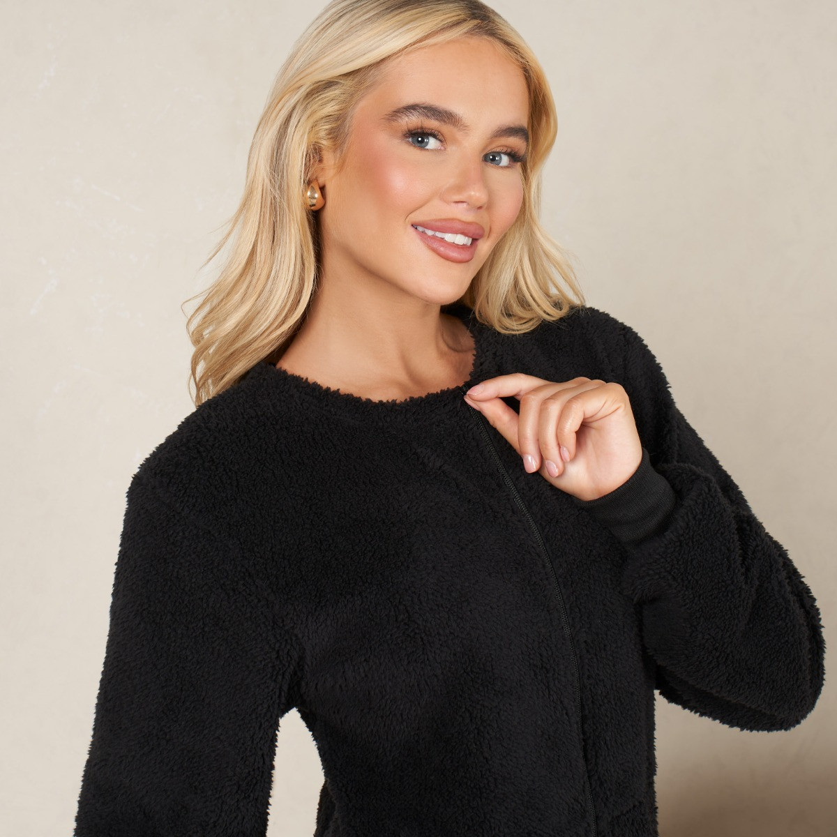 OHS Teddy Round Neck Jumpsuit, Black - Medium>