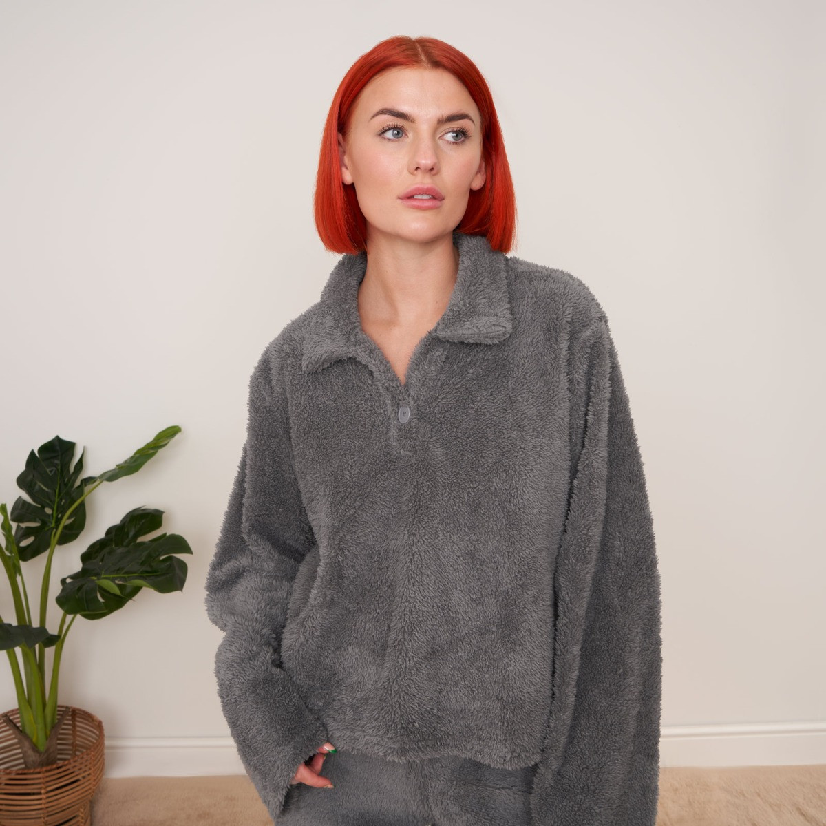 OHS Teddy Long Sleeve Collar Top - Grey>