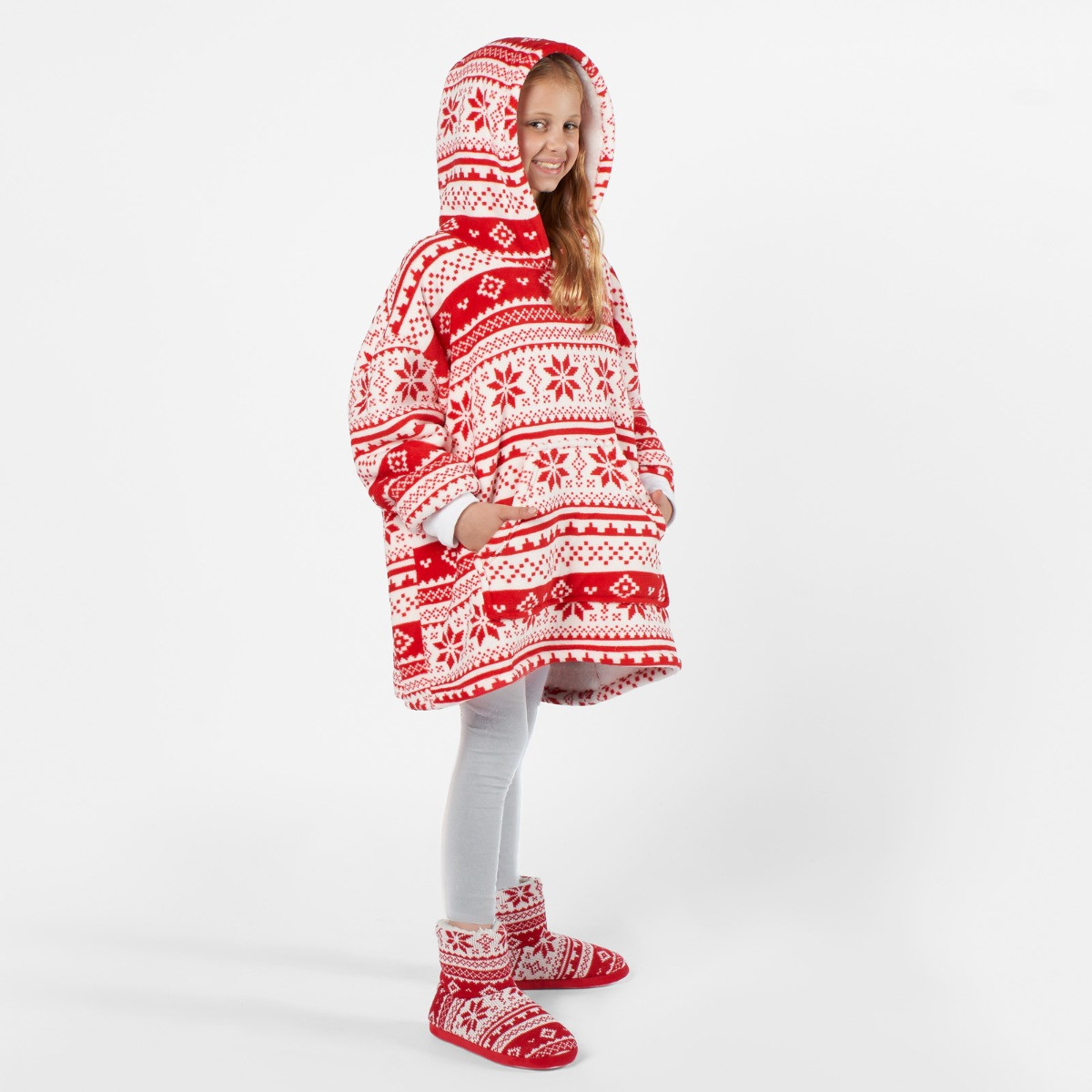 OHS Christmas Nordic Print Hoodie Blanket, Kids - Red >