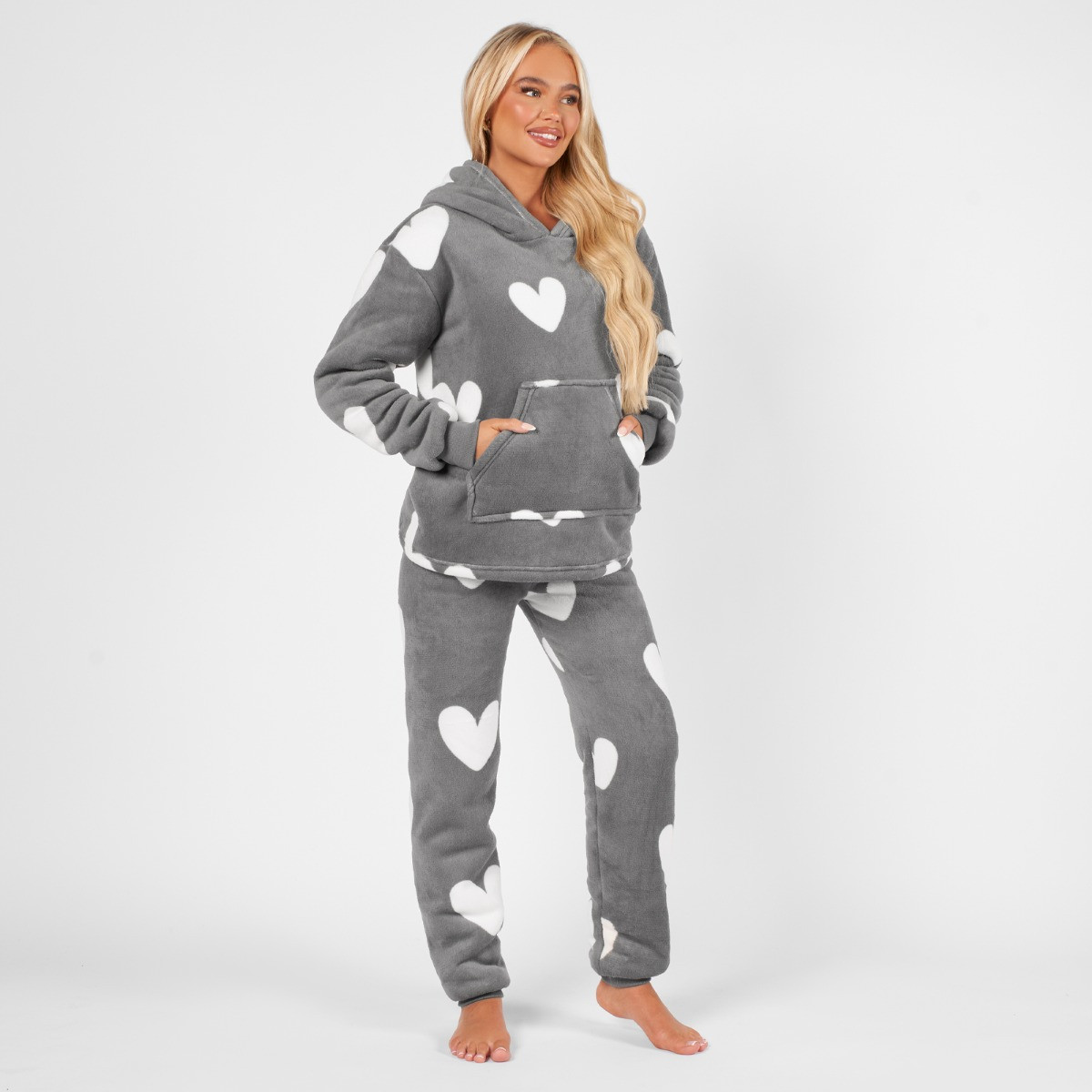 OHS Heart Print Coral Fleece Hoodie Pyjama Set, Adults - Charcoal>
