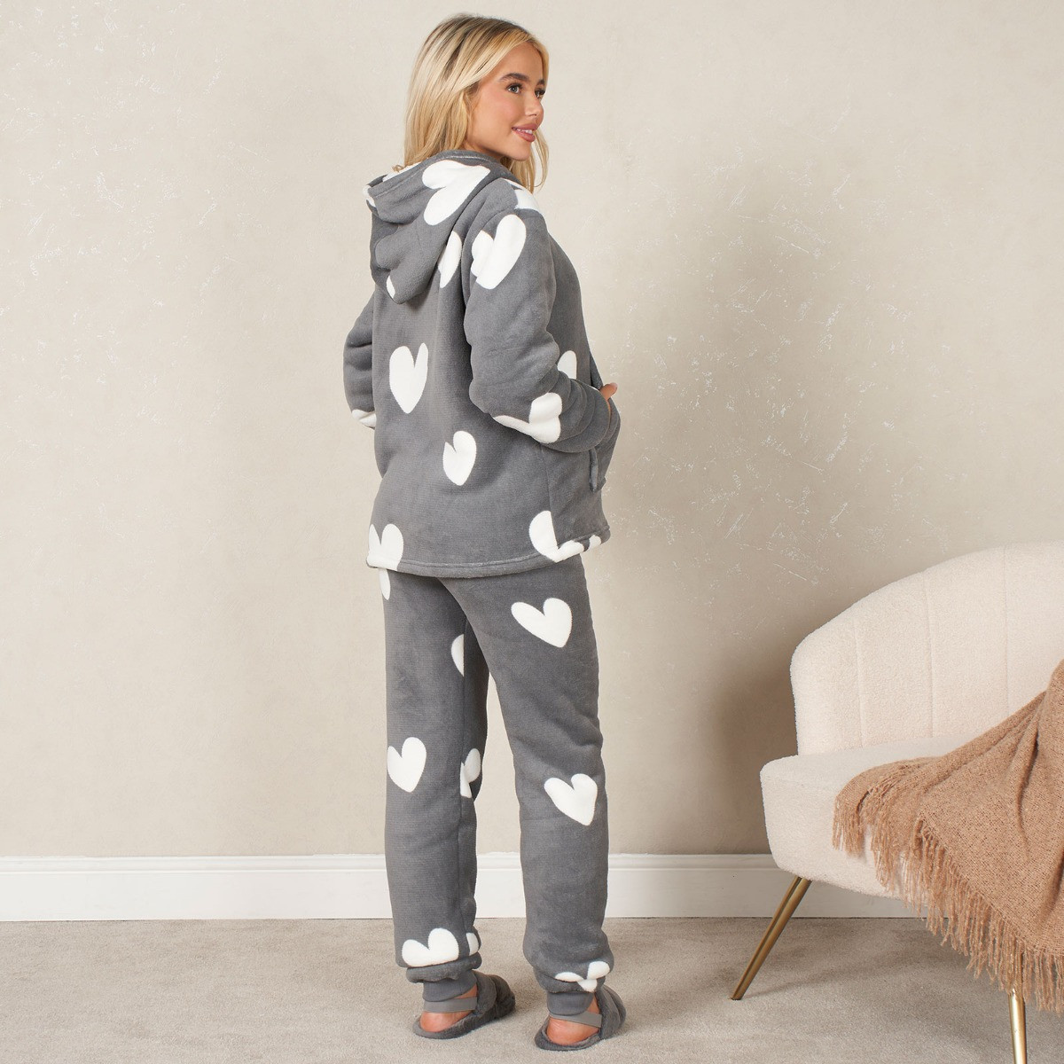 OHS Heart Print Coral Fleece Hoodie Pyjama Set, Adults - Charcoal>