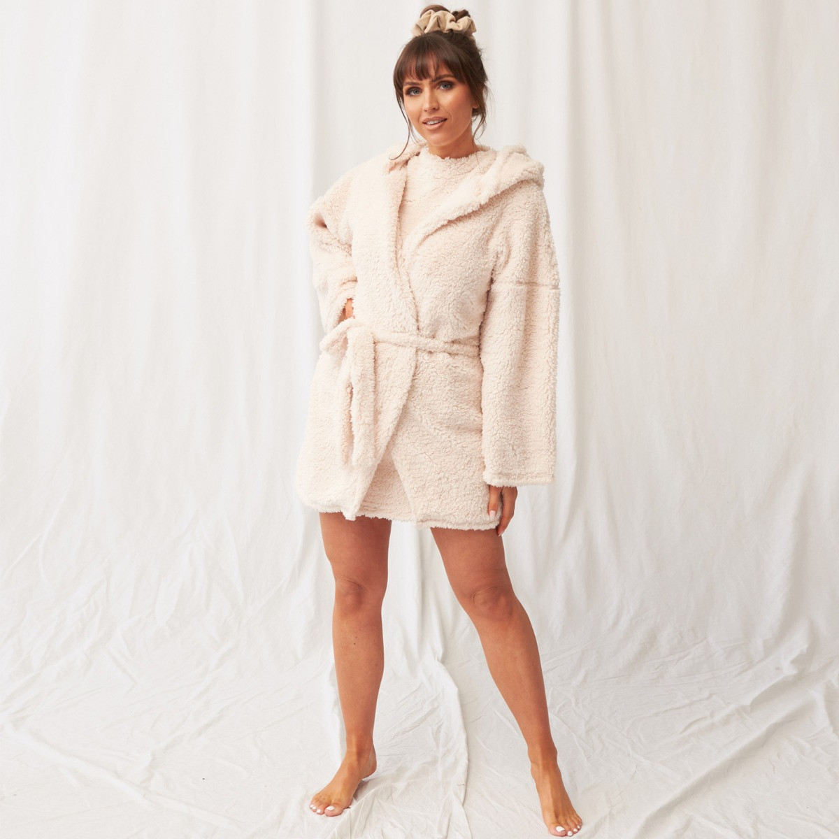 OHS Fluffy Teddy Hooded Dressing Gown - Cream>