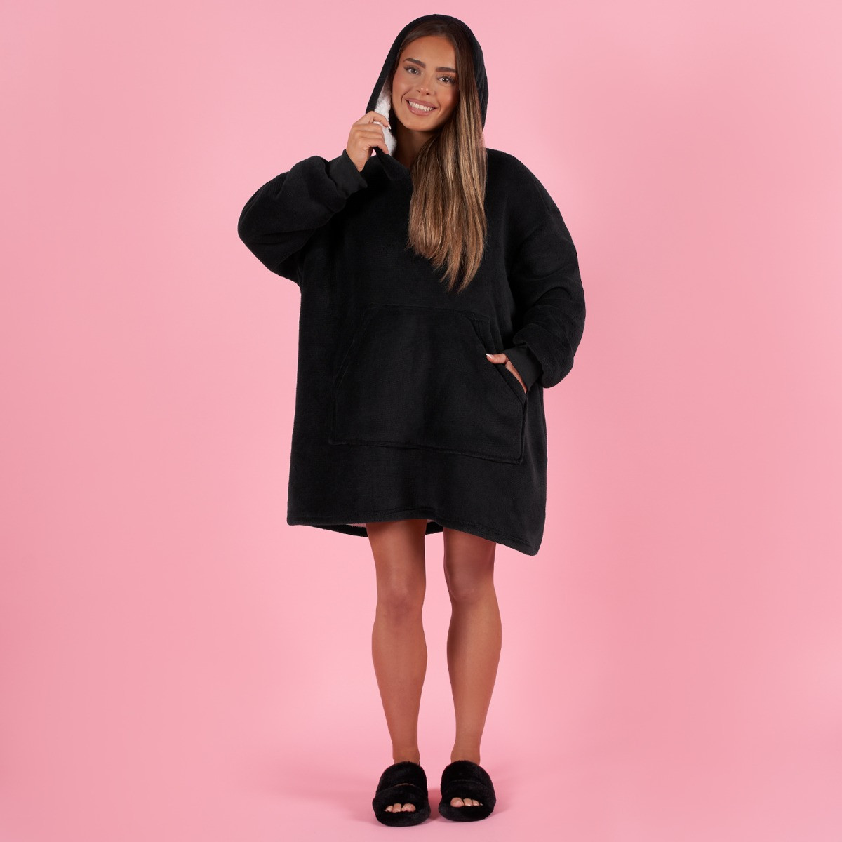 OHS Sherpa Fleece Hoodie Blanket, Petite - Black>