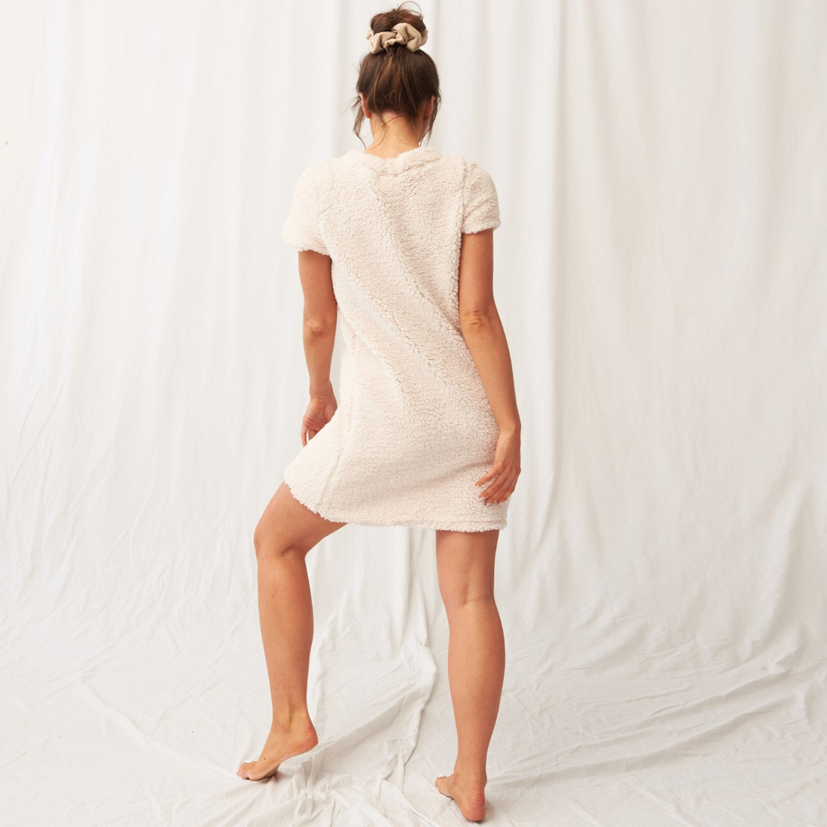 OHS Teddy Borg Short Sleeve T-Shirt Dress - Cream>