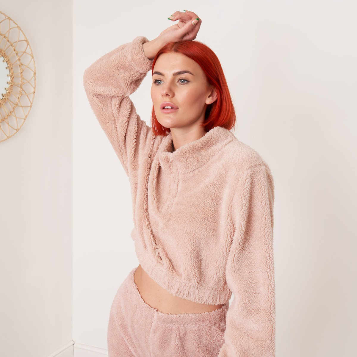 OHS Teddy Fleece Cropped Half-Zip Sweatshirt - Blush>