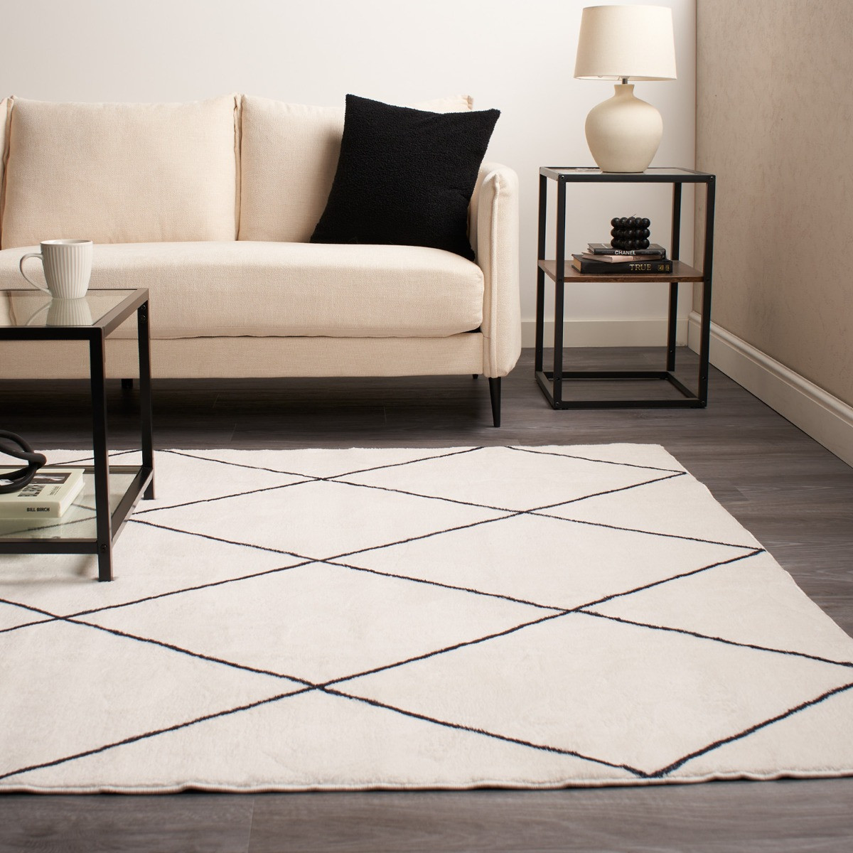 OHS Geo Printed Flat Rug - Cream / Black>